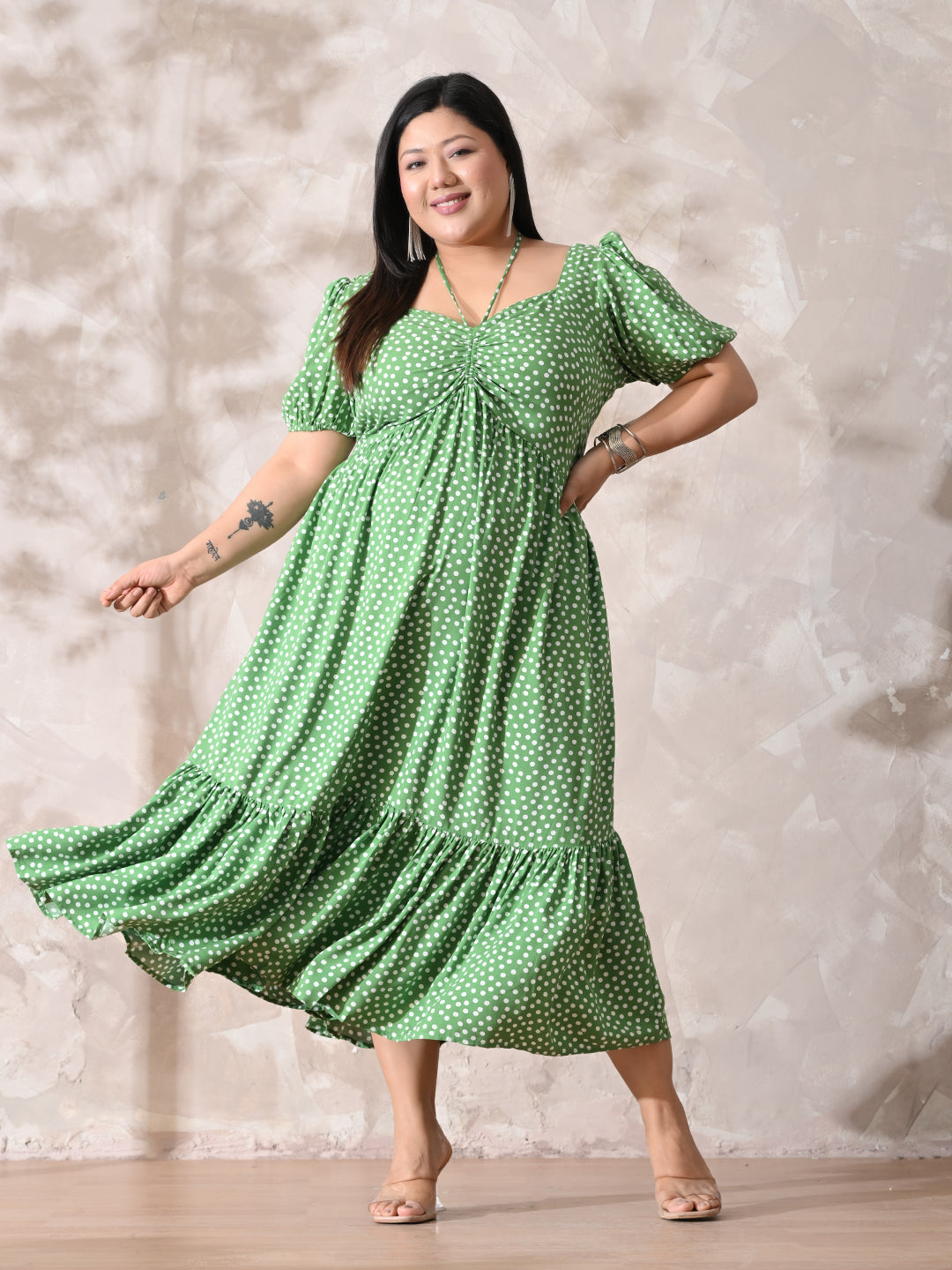 Polka Charm Green Rayon Ruched Midi Dress