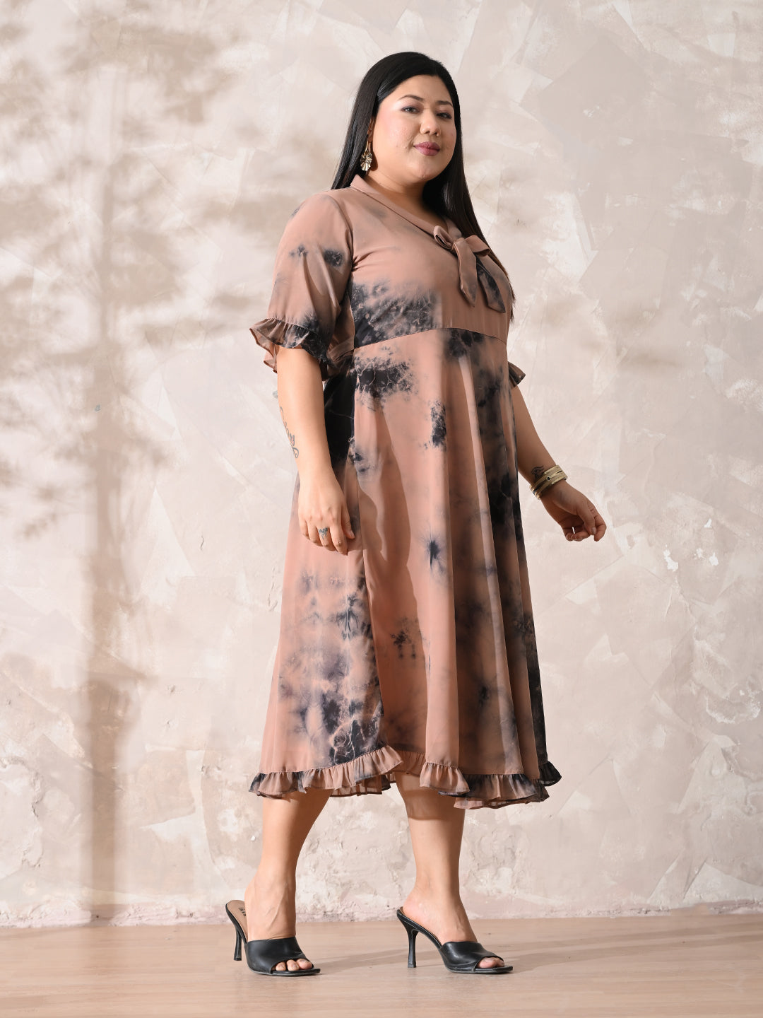 Statement Nude Tie-Dye Georgette Dress with Romantic Ruffle Hem