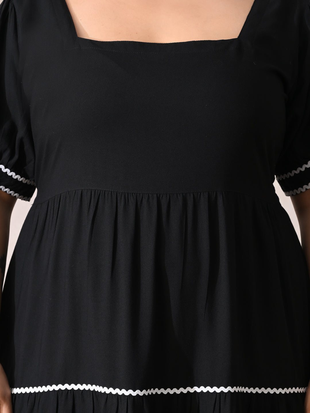 Classic Black Rayon Dress with White Contrast Lace & Flowy Silhouette