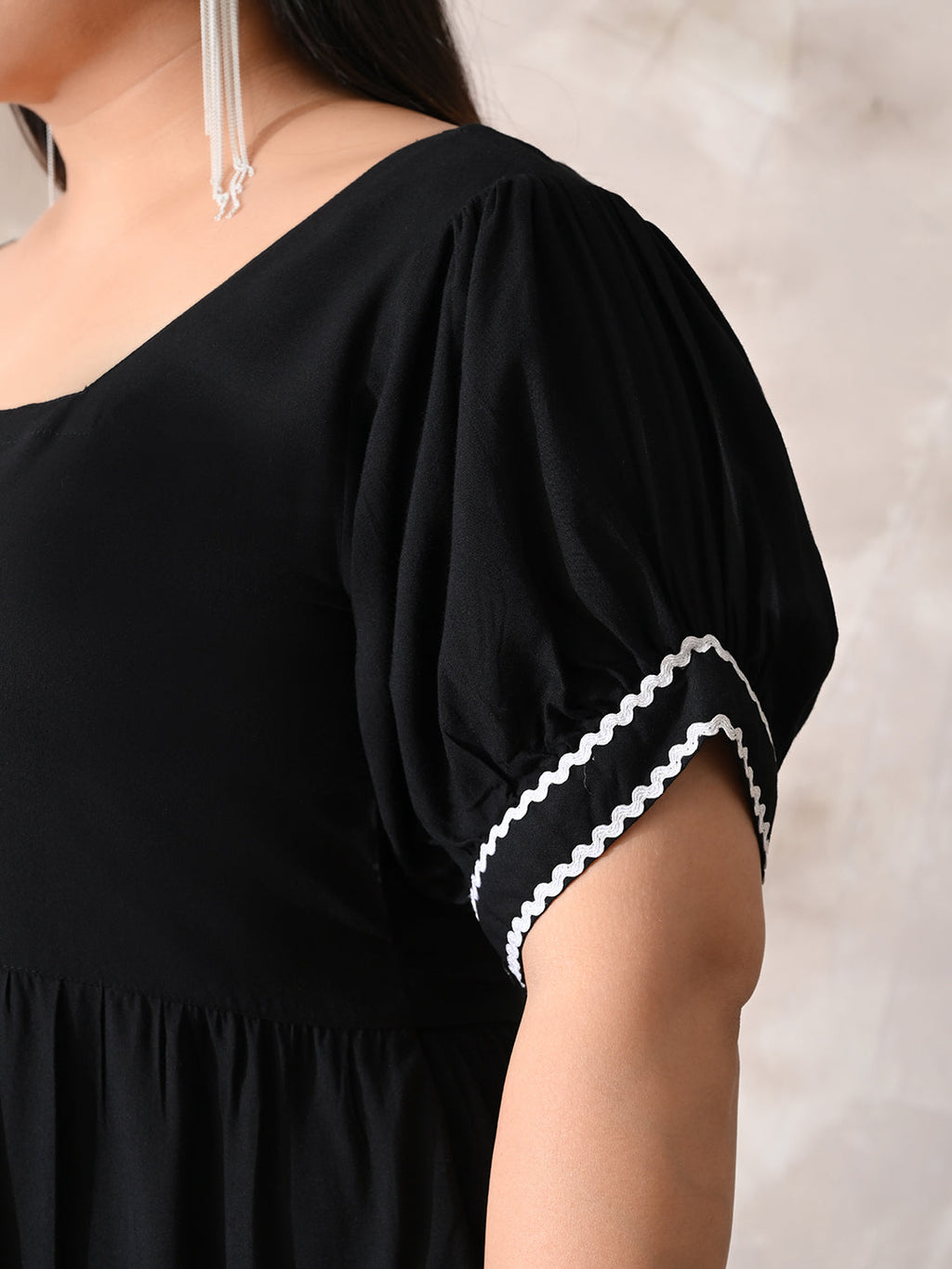 Classic Black Rayon Dress with White Contrast Lace & Flowy Silhouette