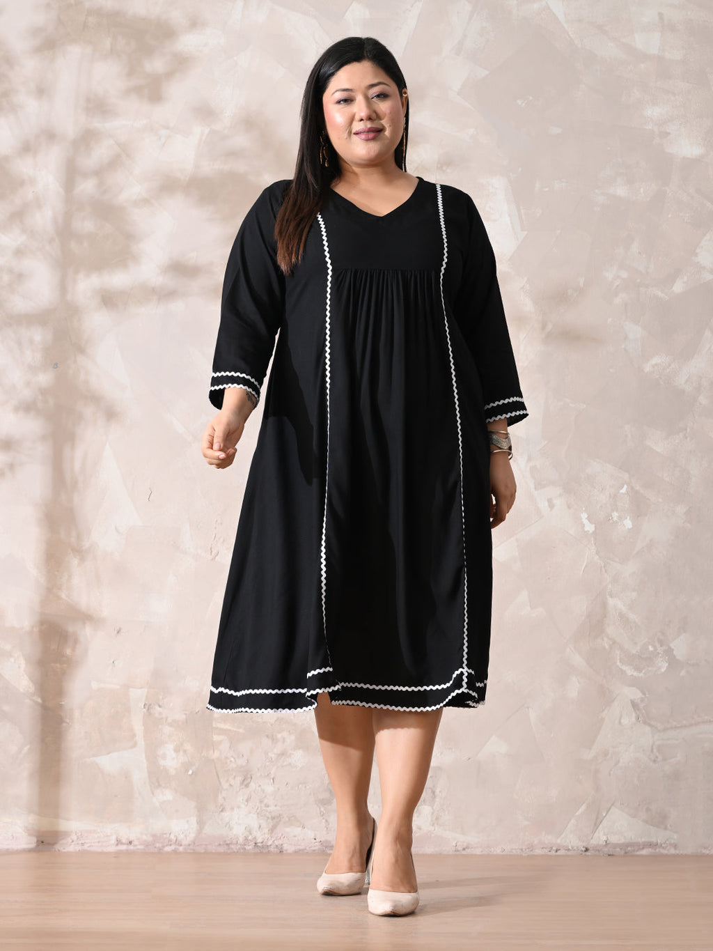 Minimal Black Rayon Midi Dress with Contrast Lace Detailing