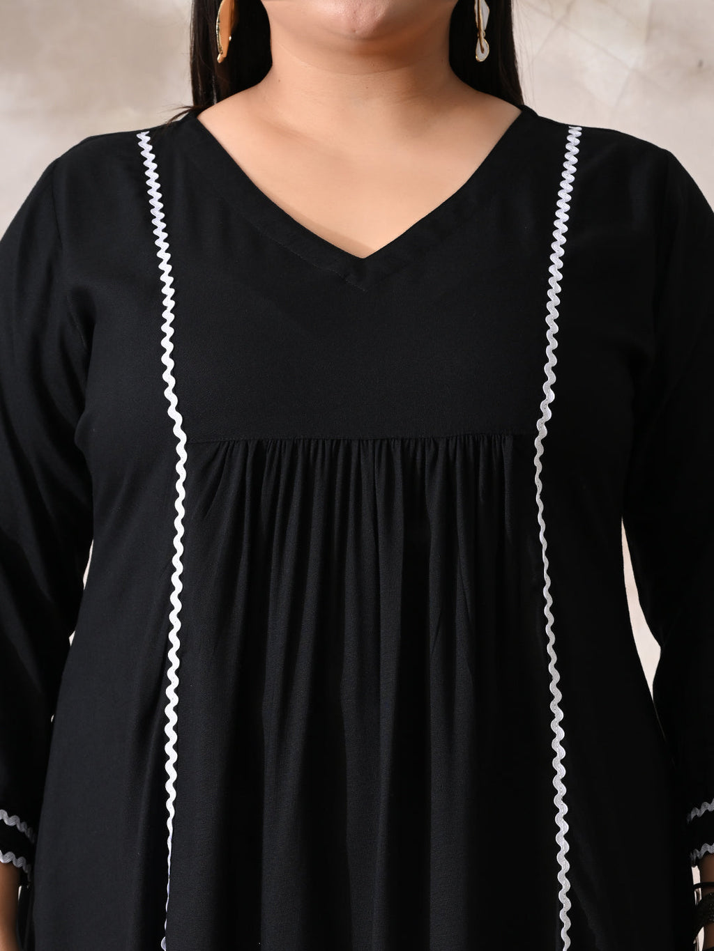 Minimal Black Rayon Midi Dress with Contrast Lace Detailing