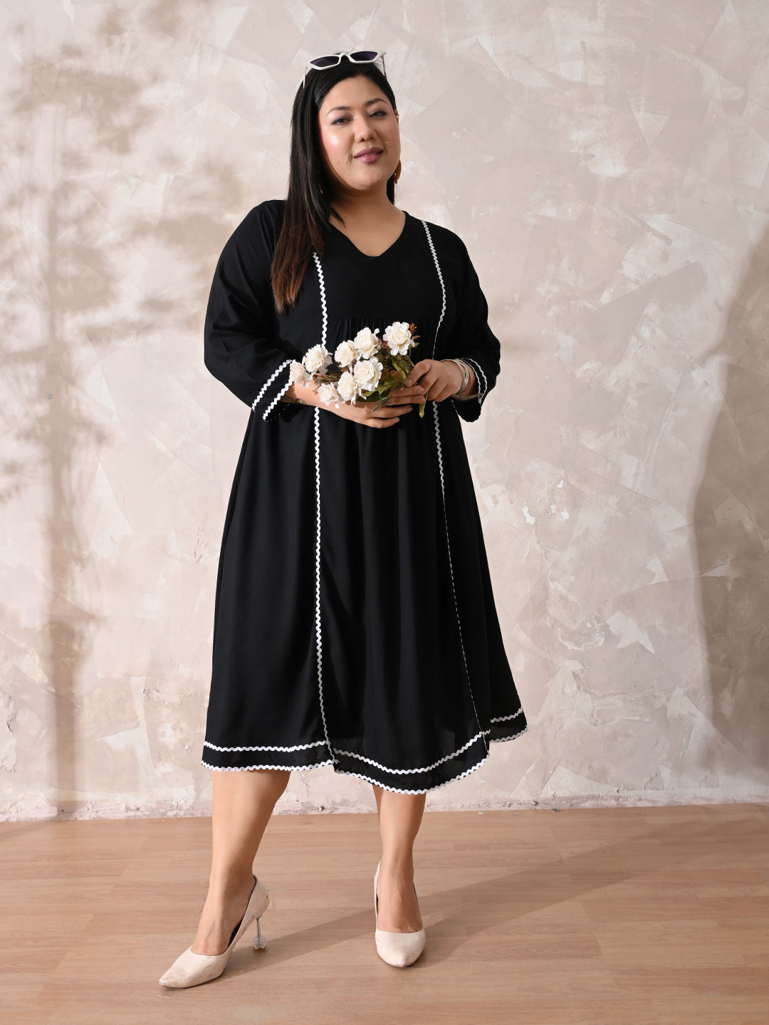 Minimal Black Rayon Midi Dress with Contrast Lace Detailing