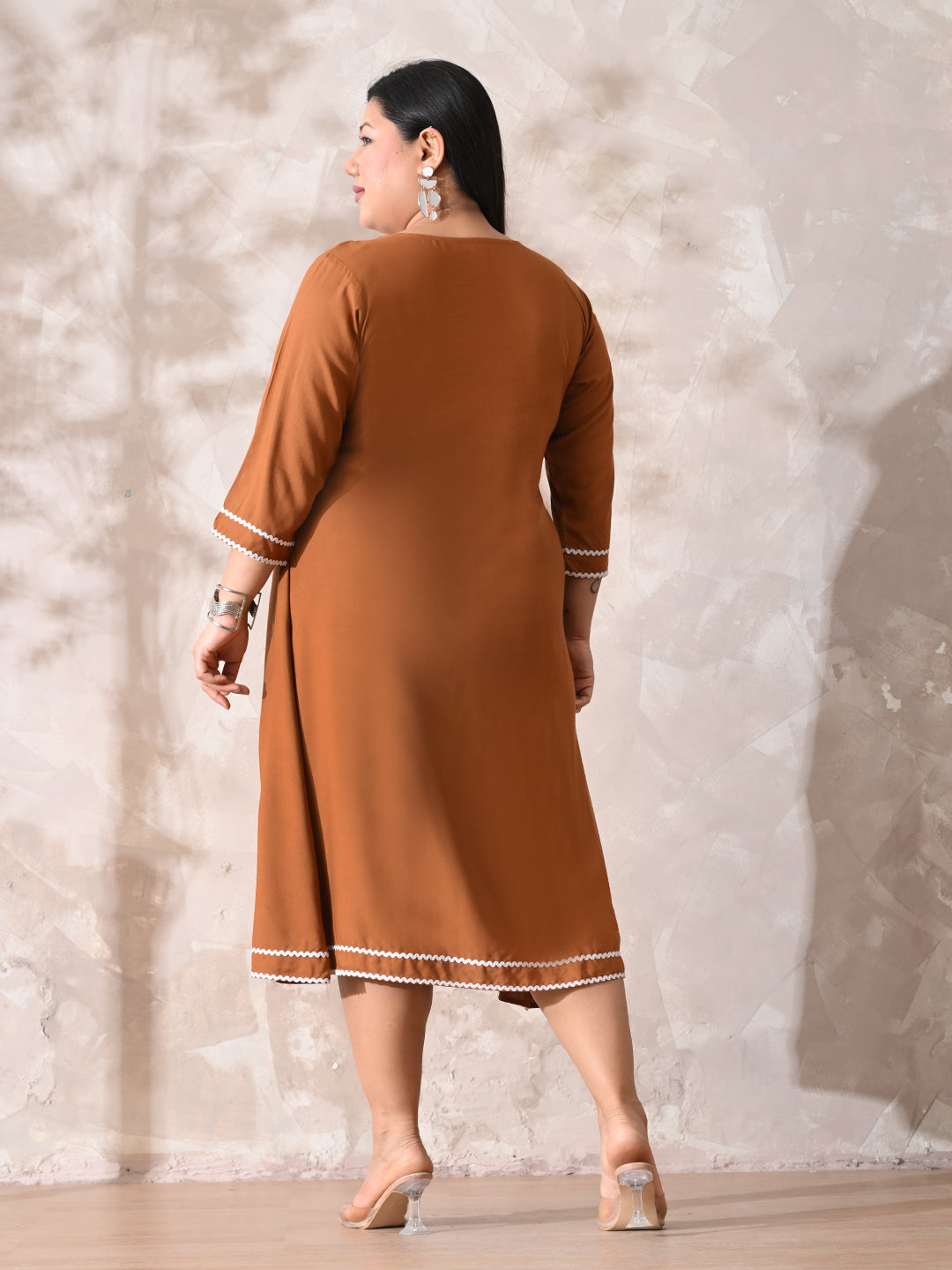 Terracotta Tone Rayon Midi Dress with Contrast Lace Detailing