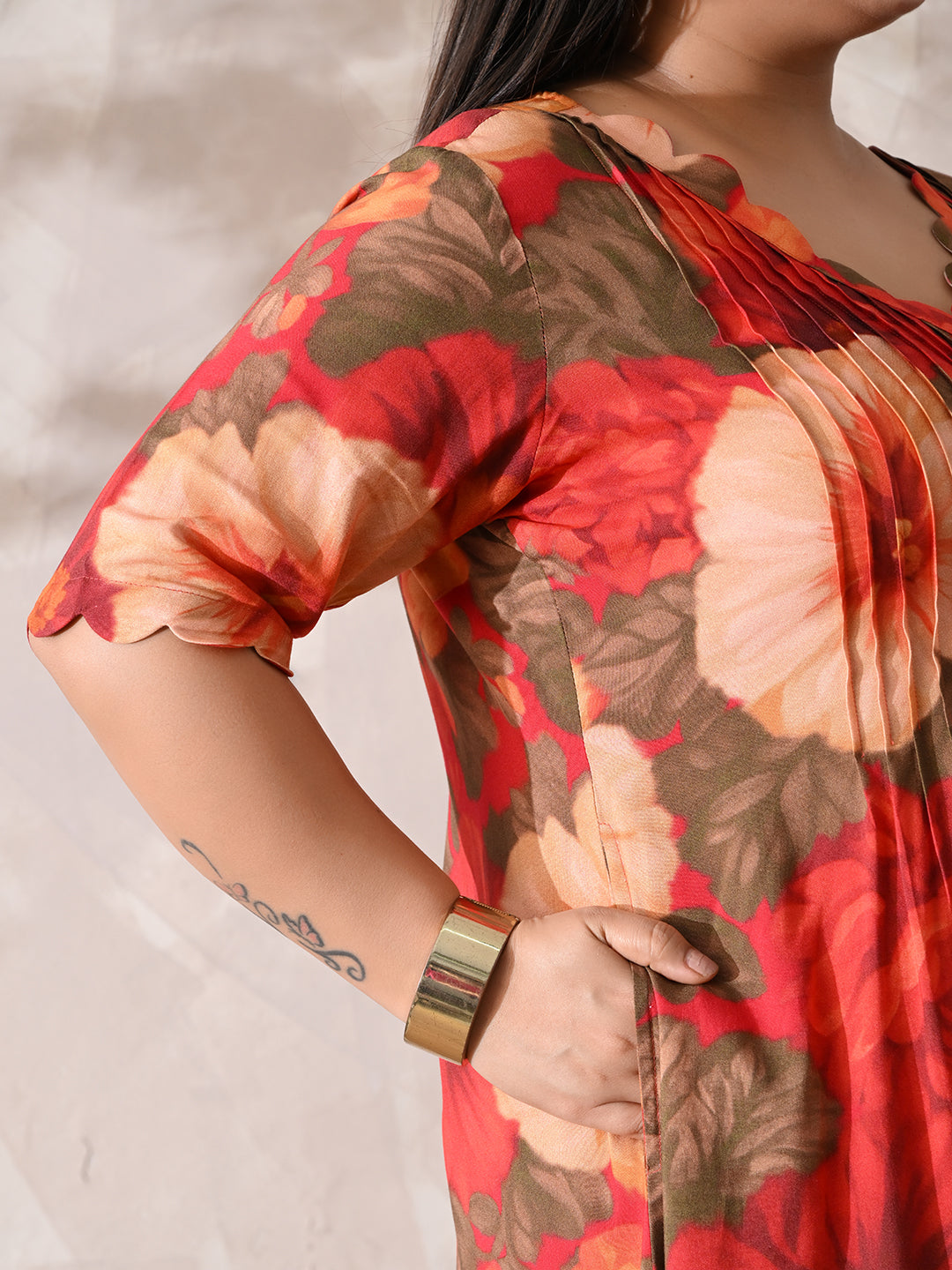 Coral Blossom Pleated Rayon Dress
