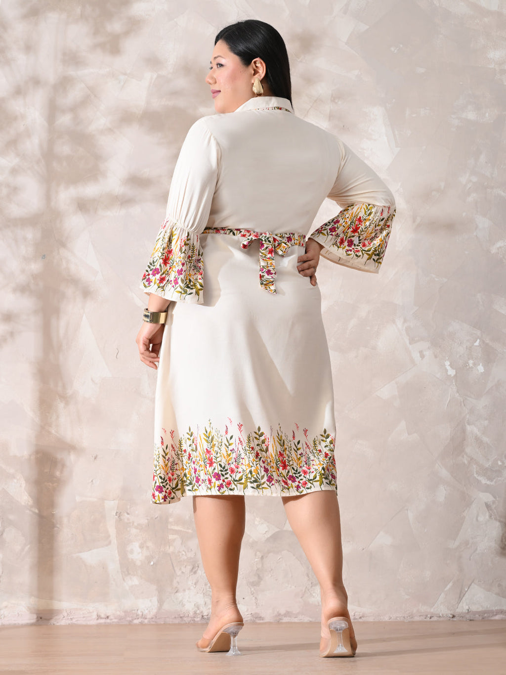 Ivory Floral Rayon Midi Dress with Border Print & Flowy Fit