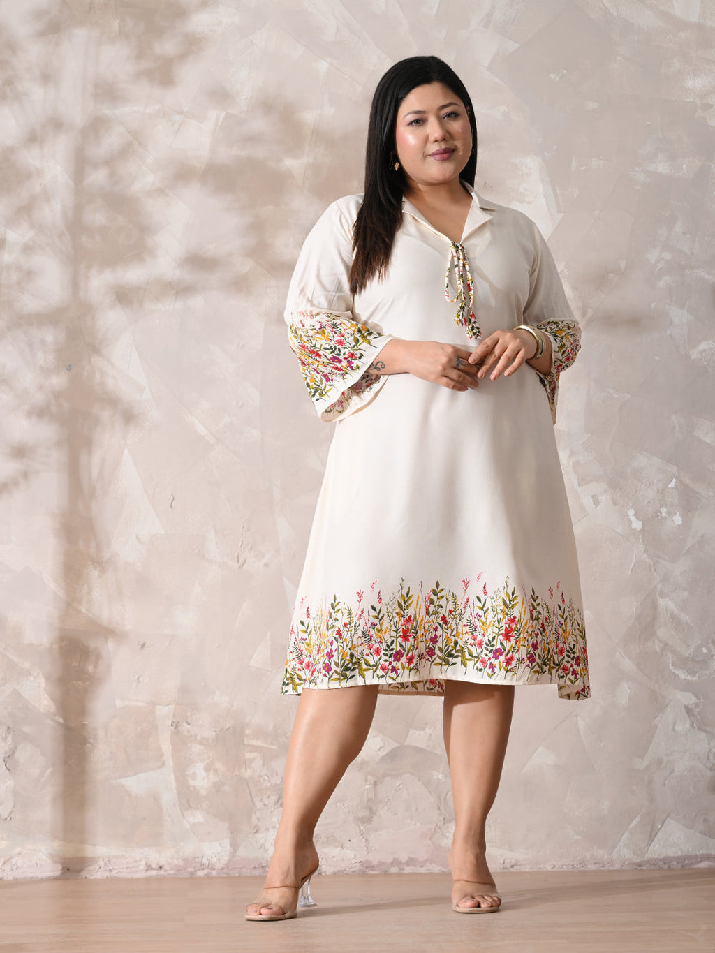 Ivory Floral Rayon Midi Dress with Border Print & Flowy Fit