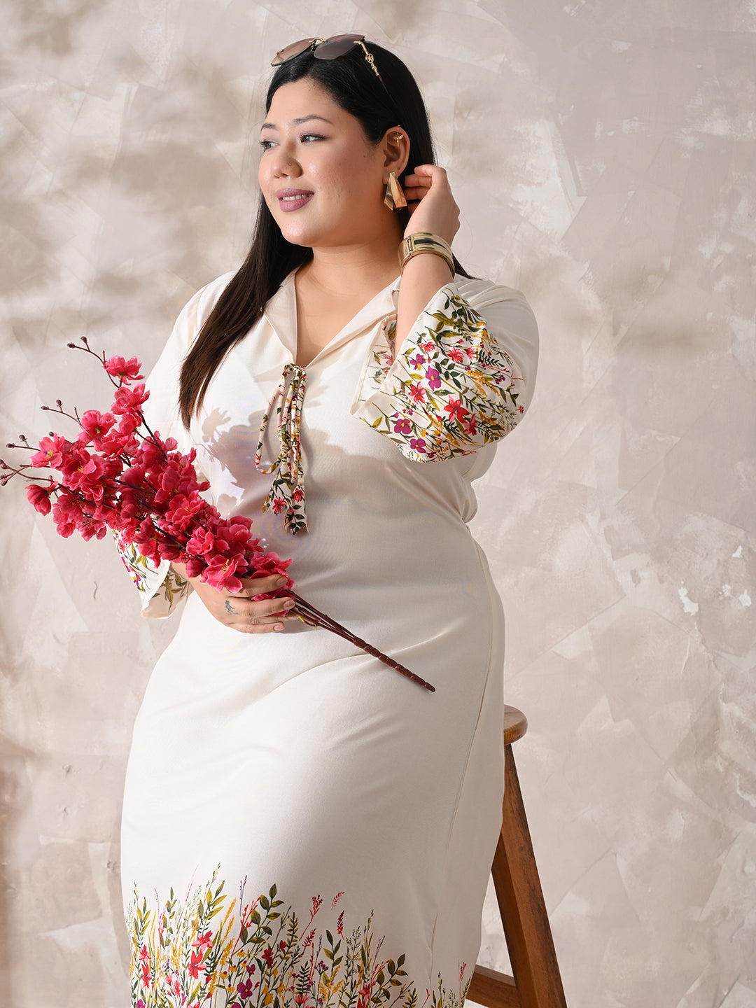 Ivory Floral Rayon Midi Dress with Border Print & Flowy Fit