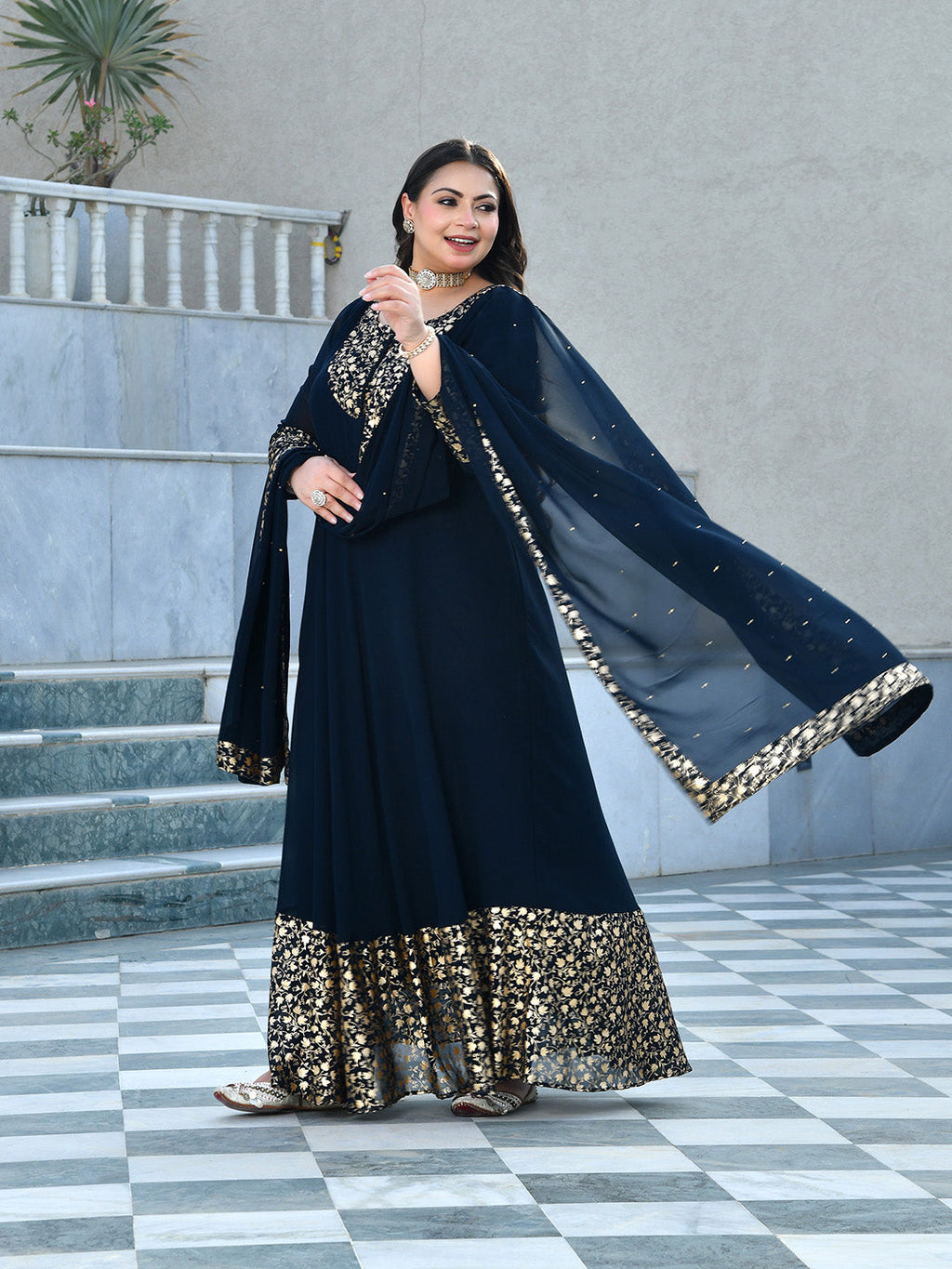 Regal Navy Blue Georgette Anarkali with Dupatta