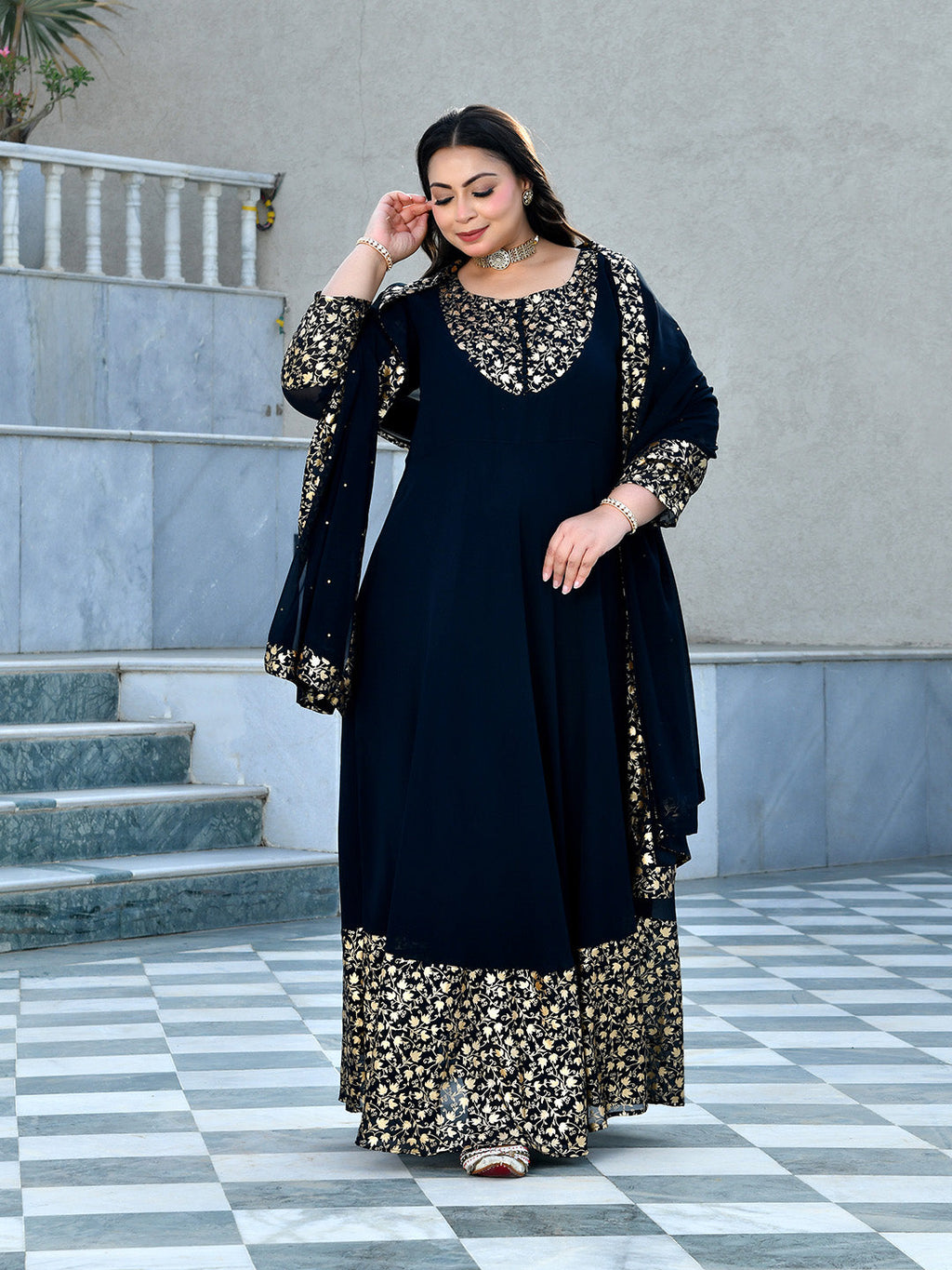 Regal Navy Blue Georgette Anarkali with Dupatta