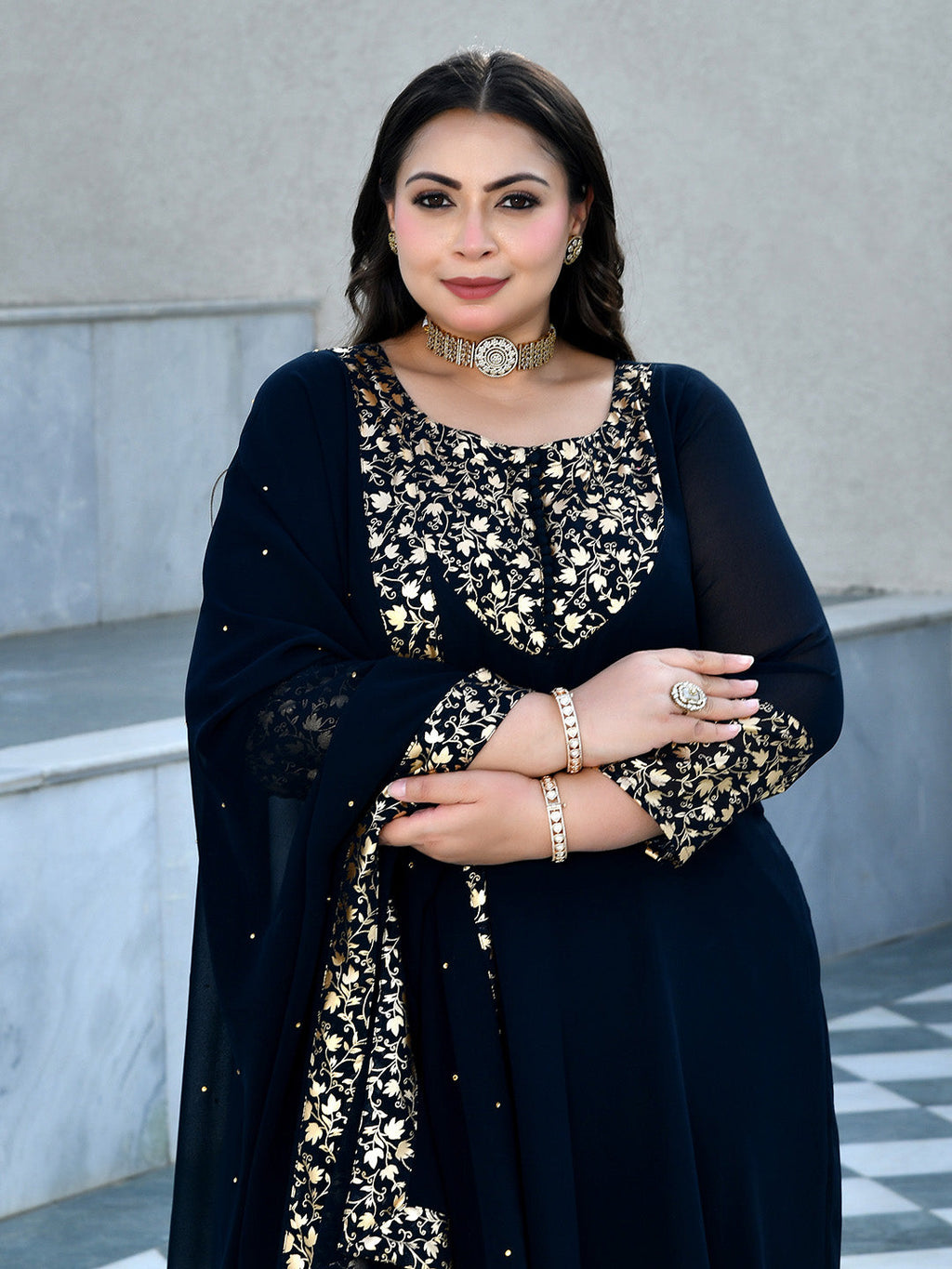 Regal Navy Blue Georgette Anarkali with Dupatta