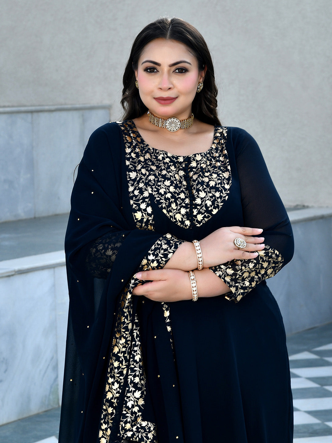 Regal Navy Blue Georgette Anarkali with Dupatta