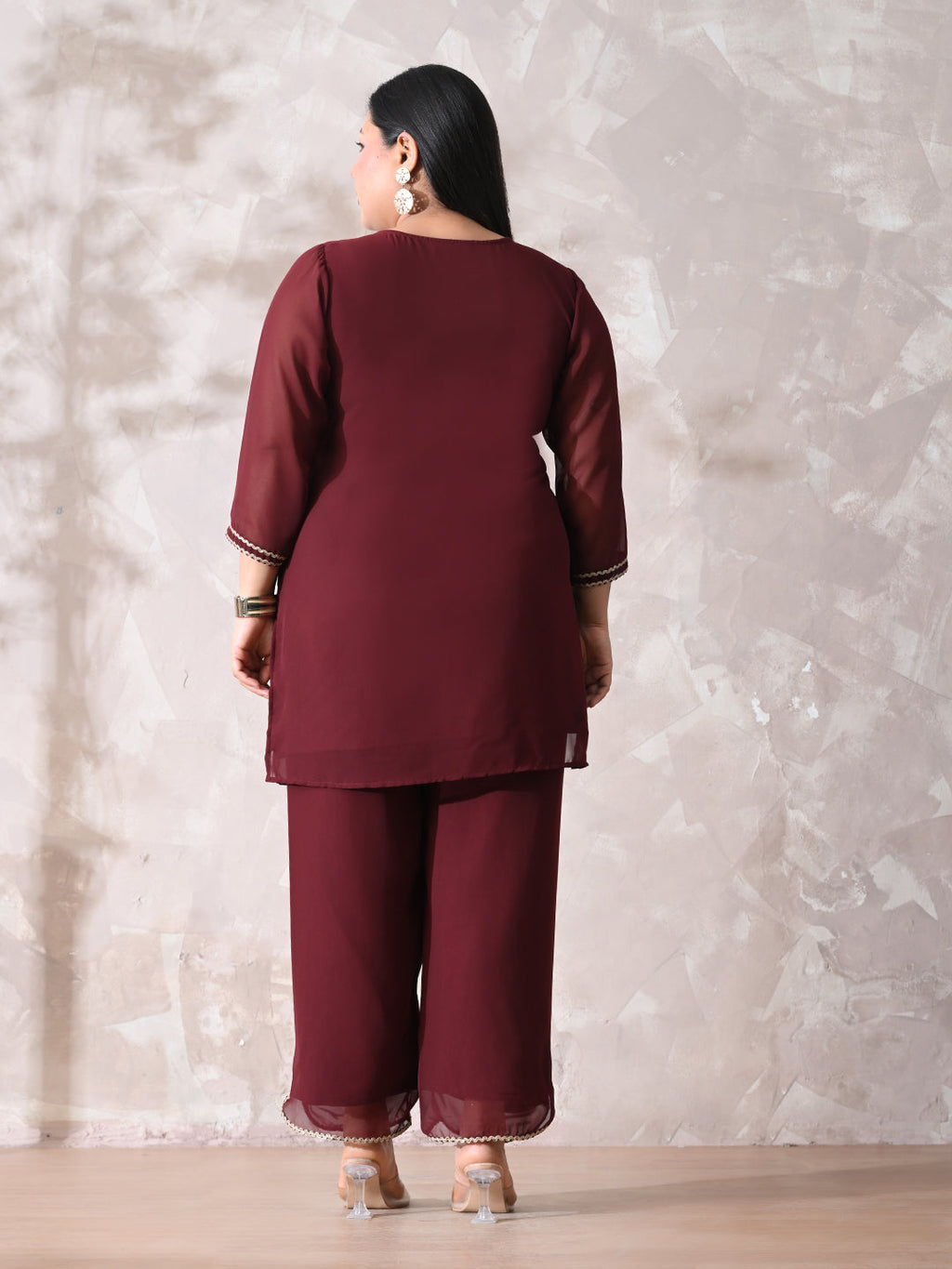 Plus Size Rust Elegance Georgette Co-ord Set with Straight Pants