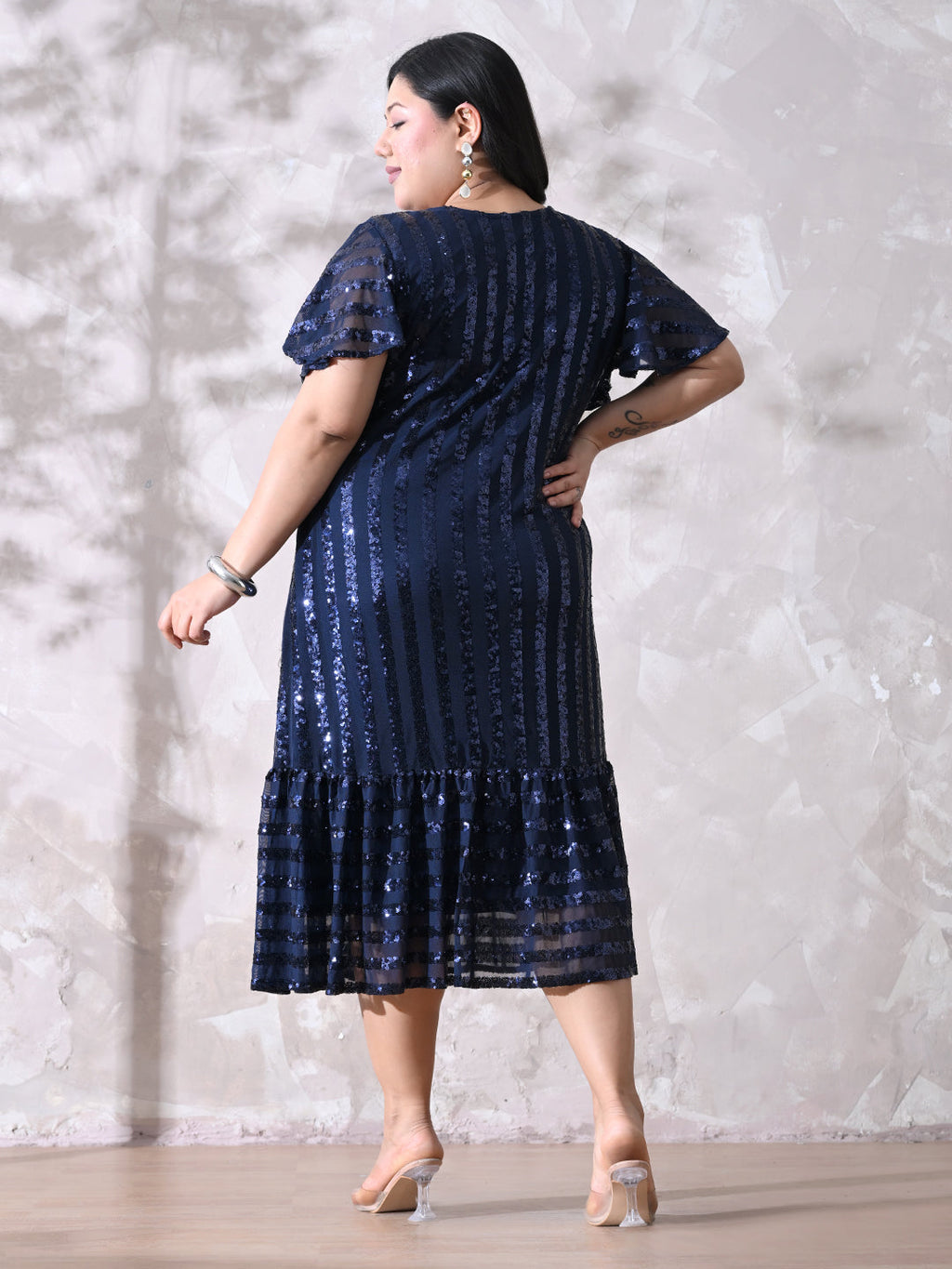 Midnight Navy Sequin Striped Lycra Dress with Flowy Ruffle Hem