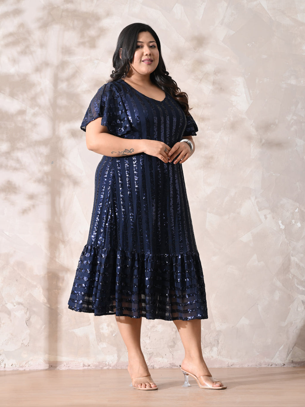 Midnight Navy Sequin Striped Lycra Dress with Flowy Ruffle Hem