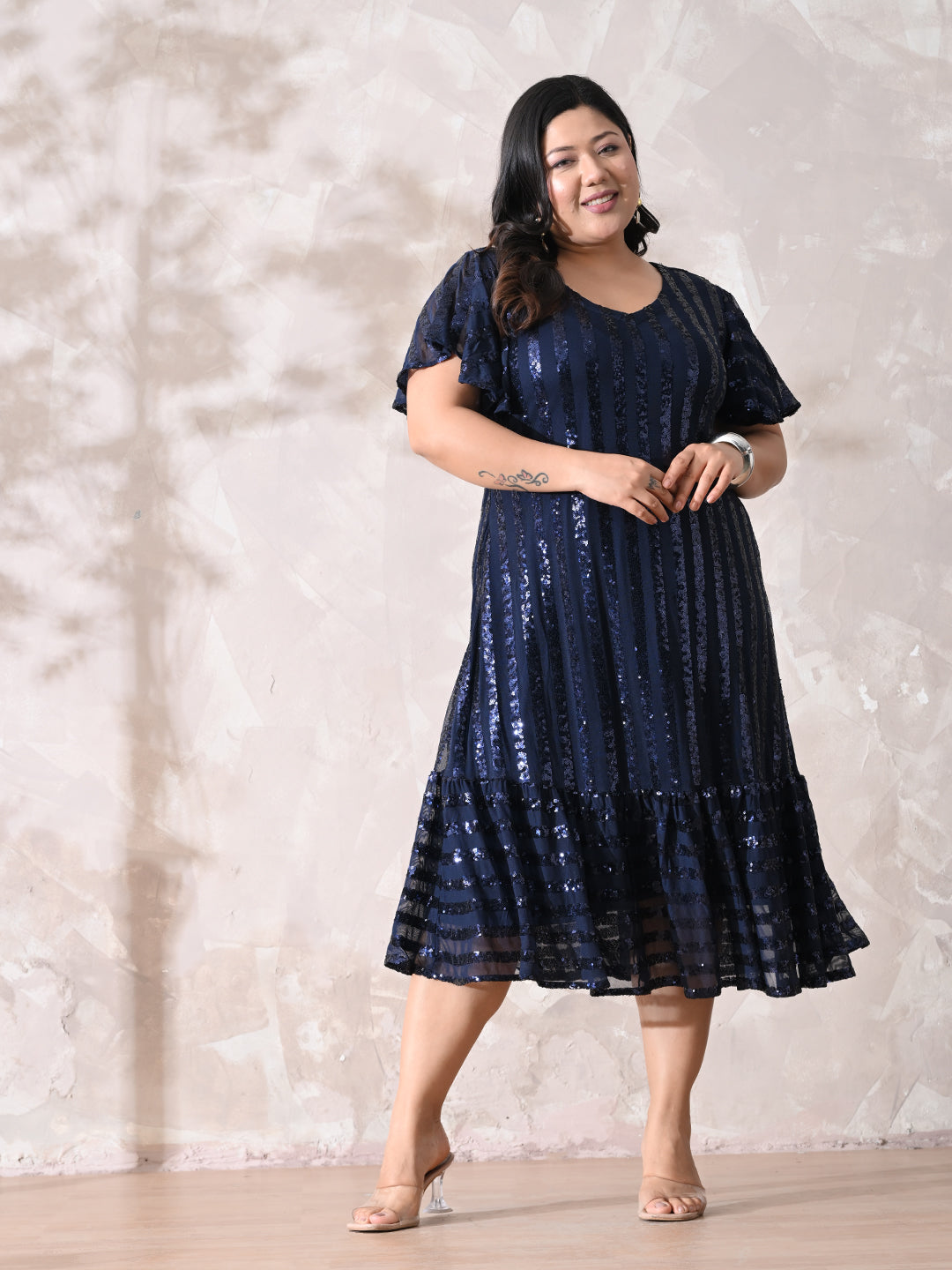 Midnight Navy Sequin Striped Lycra Dress with Flowy Ruffle Hem