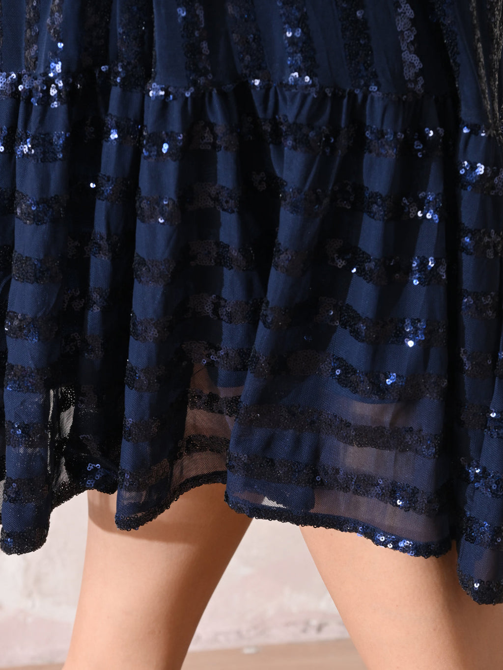 Midnight Navy Sequin Striped Lycra Dress with Flowy Ruffle Hem