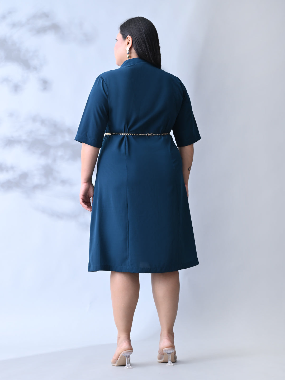 Elegant Teal Blue Dress with Belt Accent & Feminine Fit