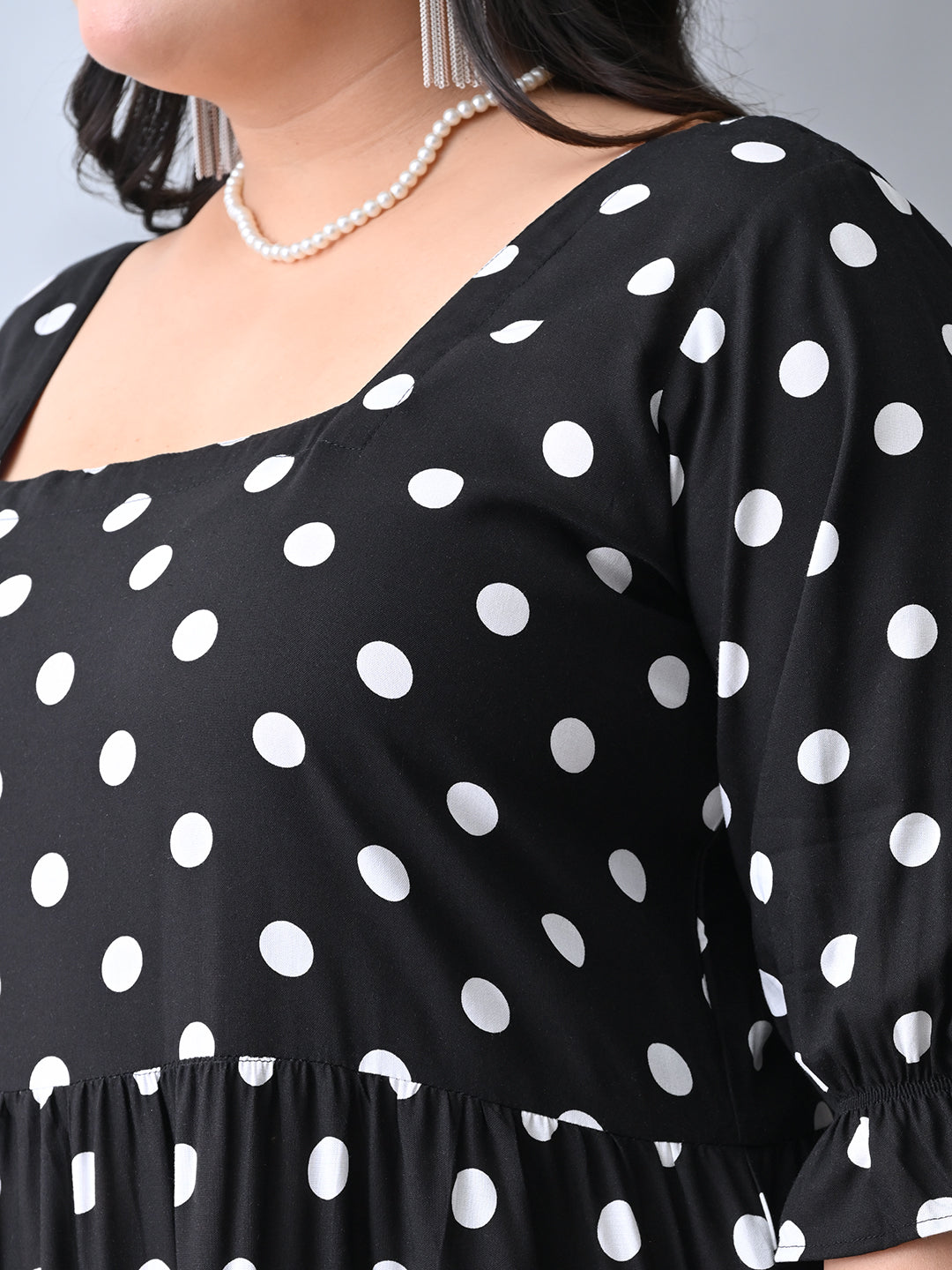 Vintage Polka Rayon Midi Dress with Breezy Tiered Design