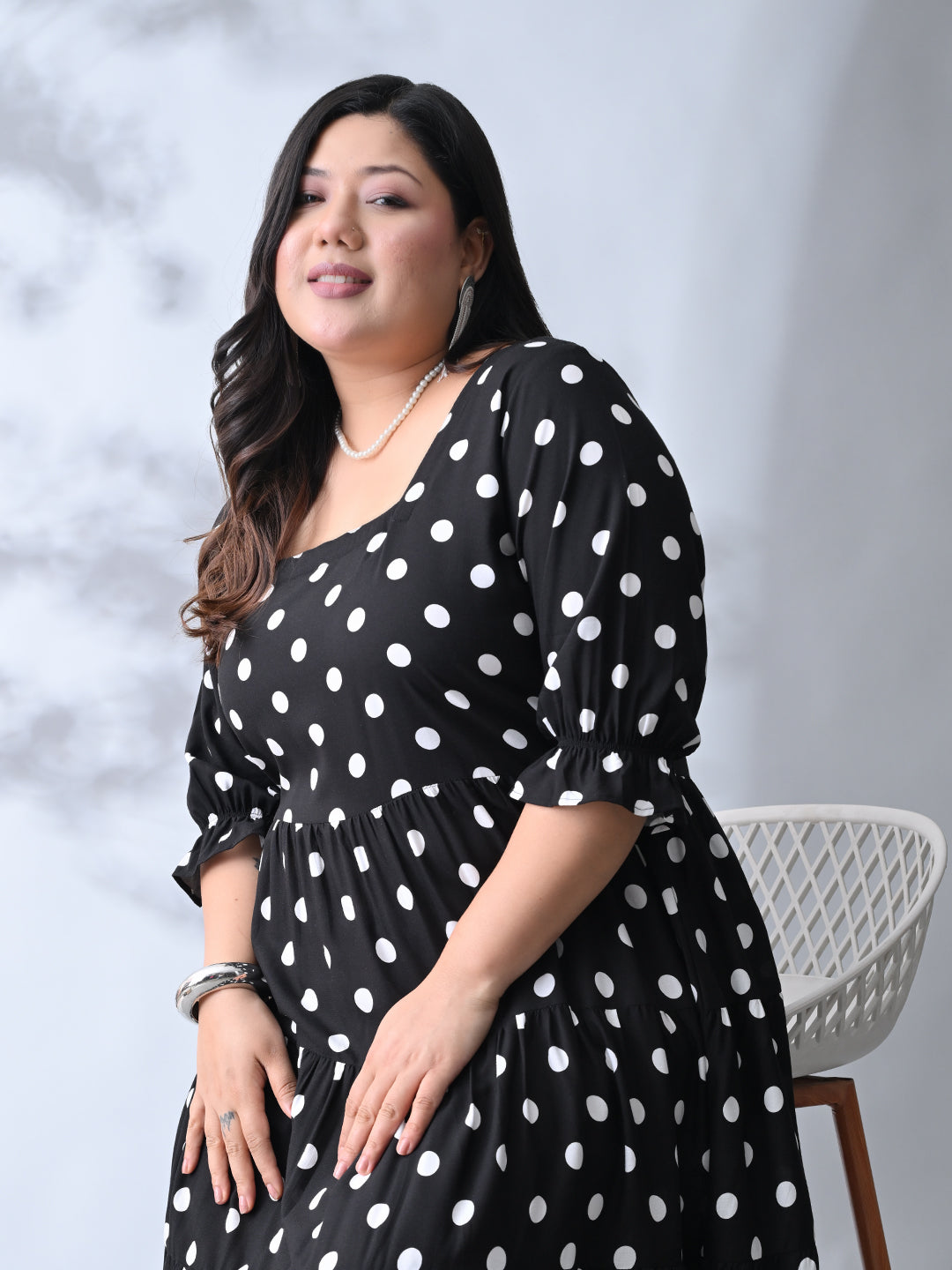 Vintage Polka Rayon Midi Dress with Breezy Tiered Design