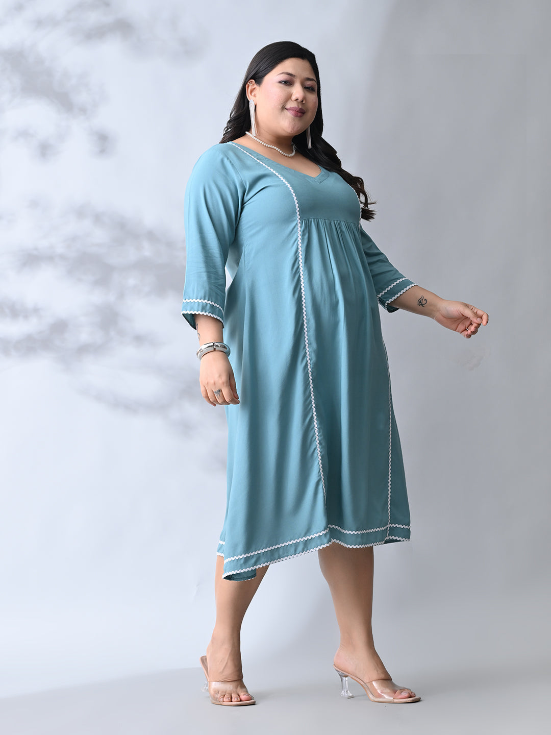 Pastel Sea Green Rayon Midi Dress with Contrast Lace Detailing
