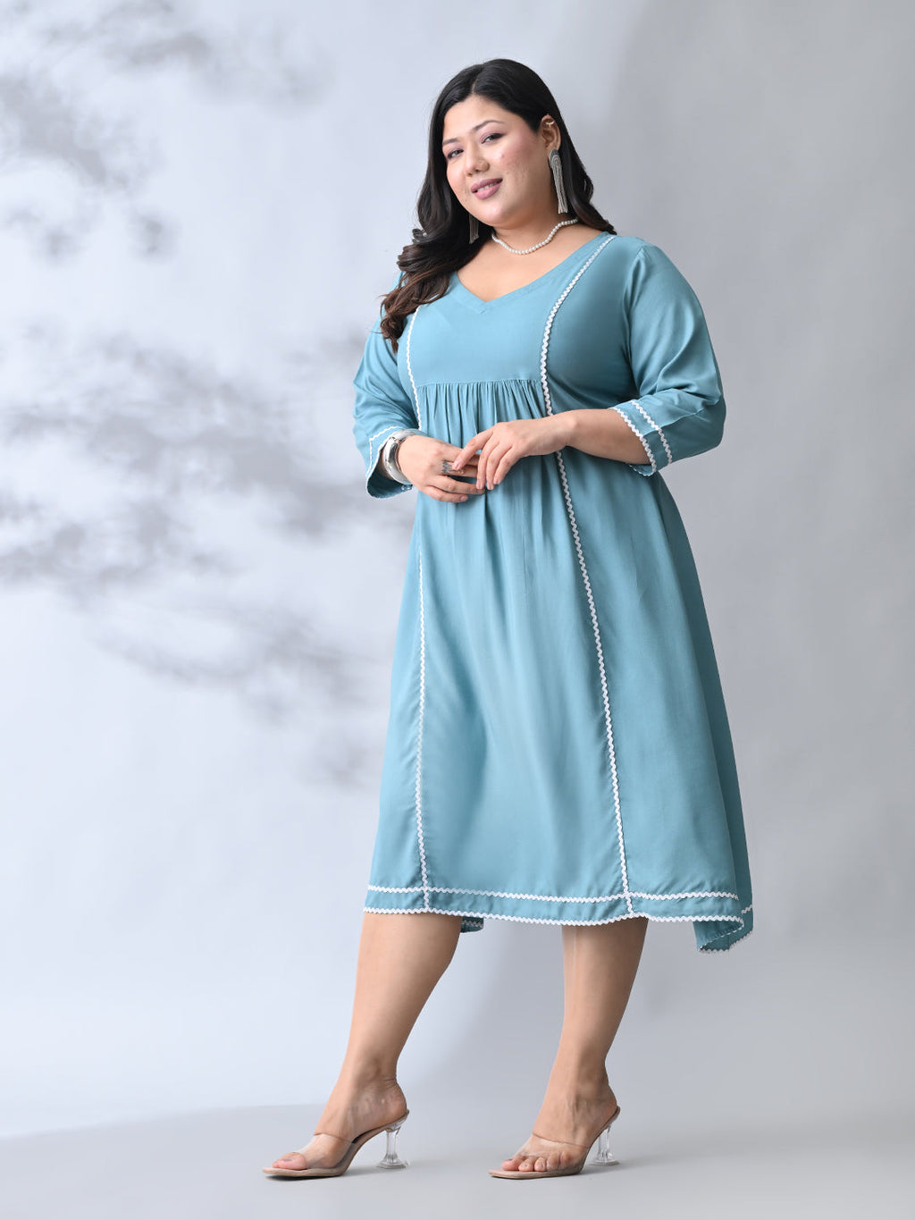Pastel Sea Green Rayon Midi Dress with Contrast Lace Detailing