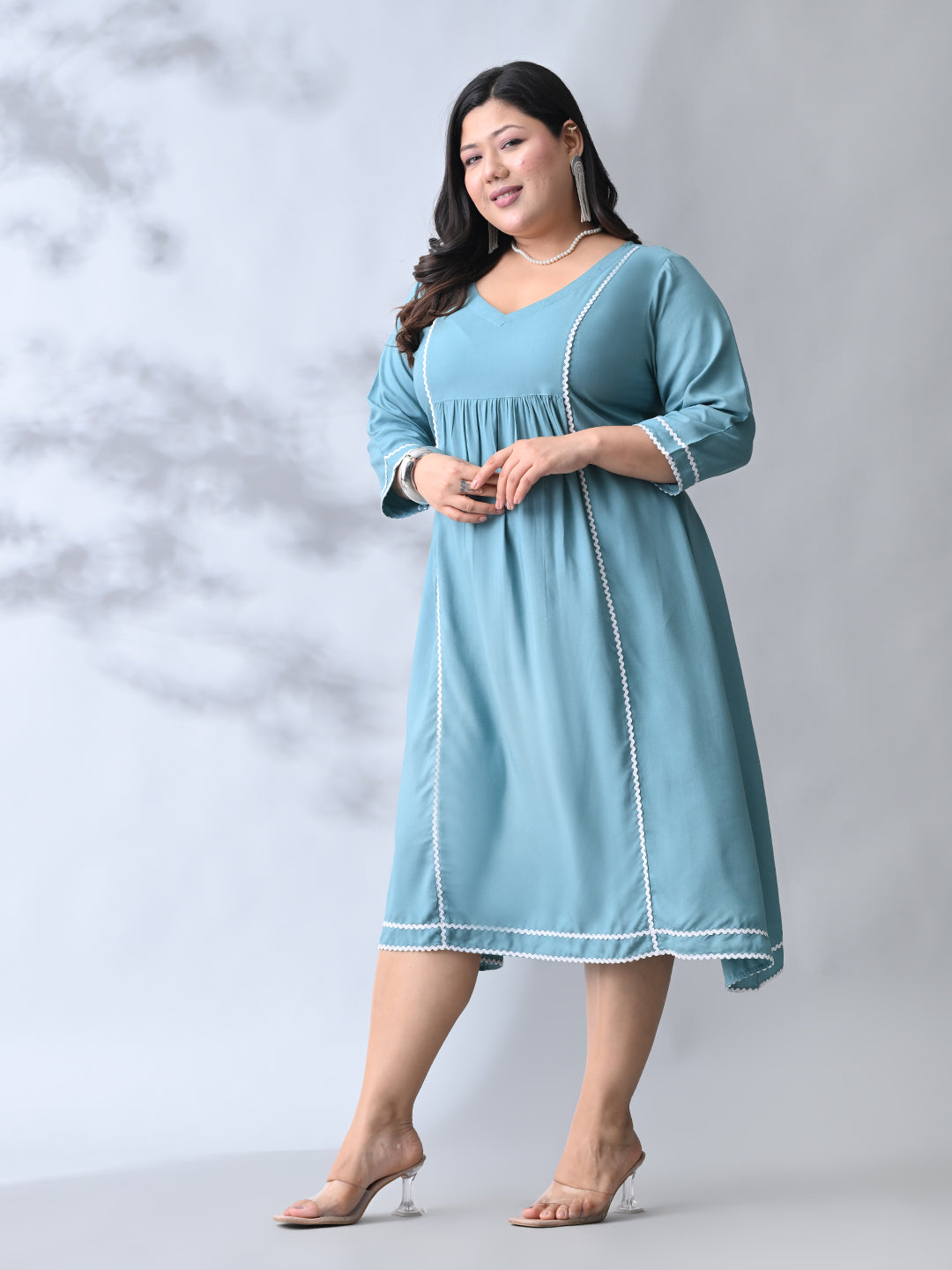 Pastel Sea Green Rayon Midi Dress with Contrast Lace Detailing