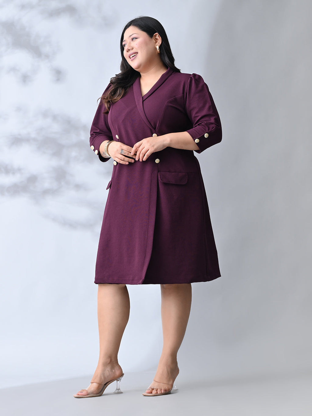 Power Wine Midi Dress with Double-Breasted Button Detail