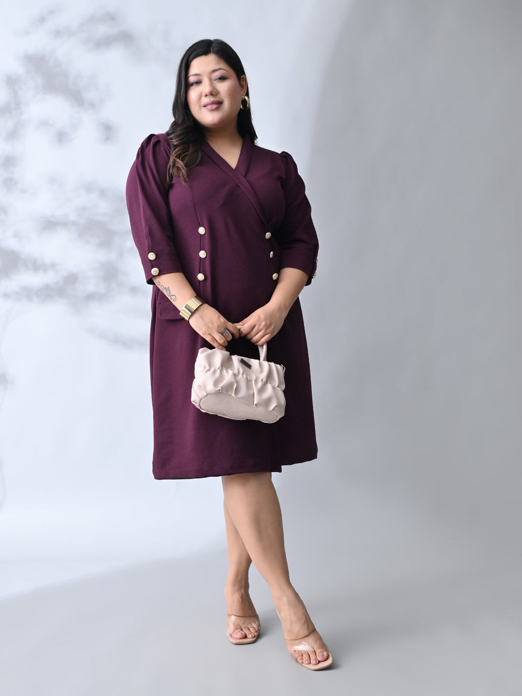 Power Wine Midi Dress with Double-Breasted Button Detail