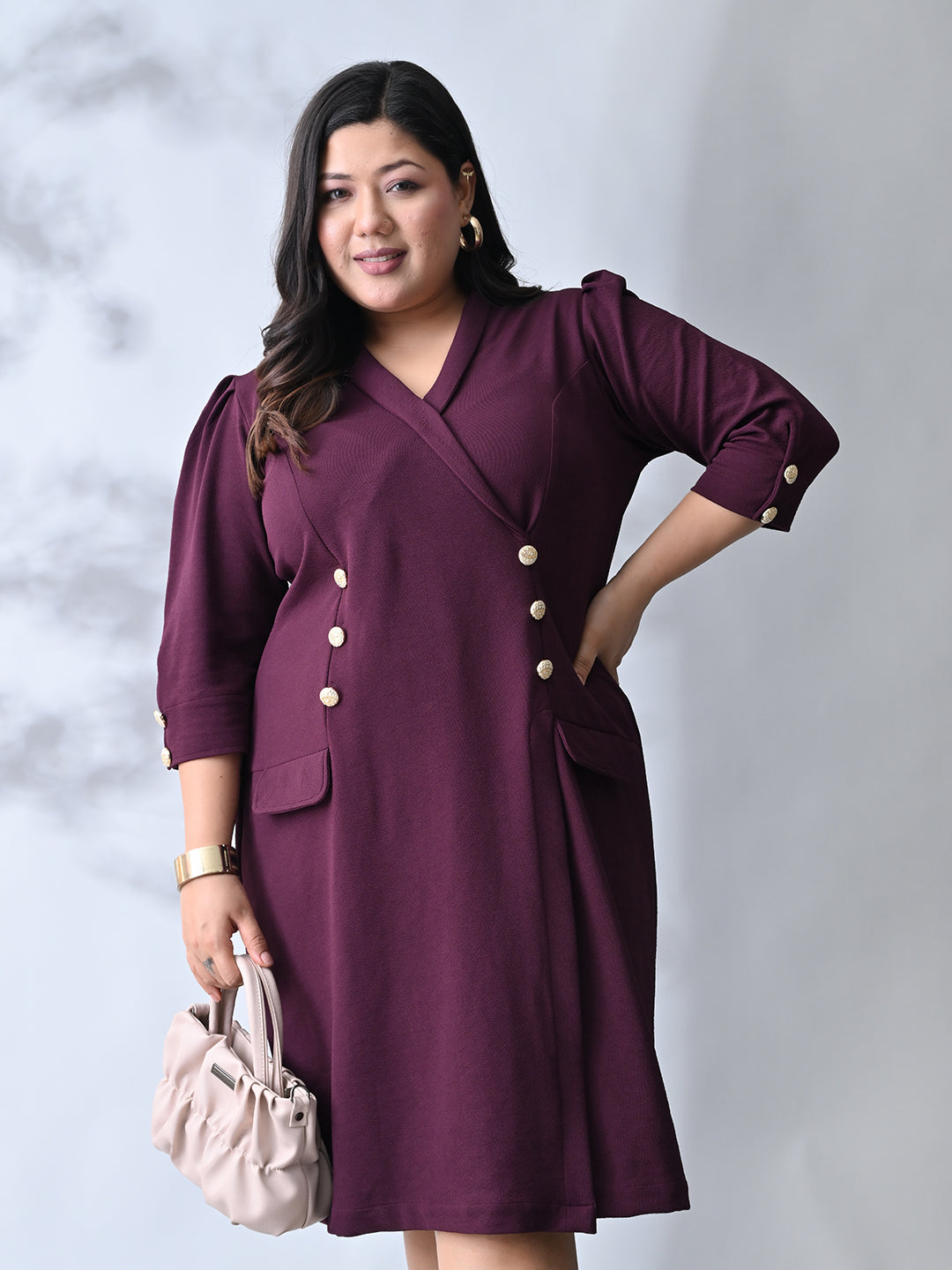 Power Wine Midi Dress with Double-Breasted Button Detail