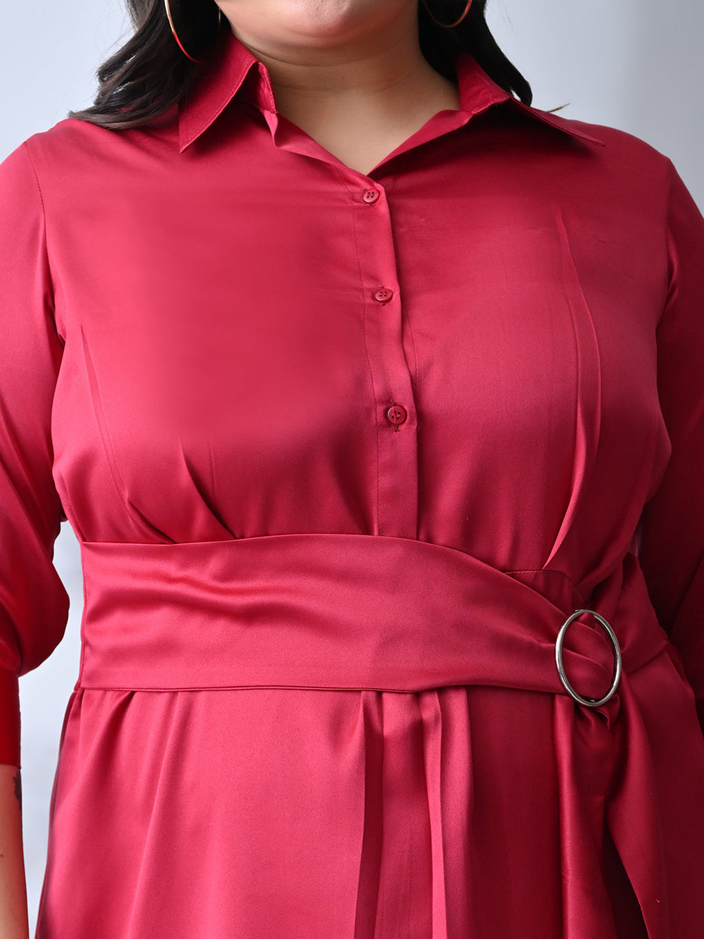 Stylish Berry Satin Belted Flare Dress