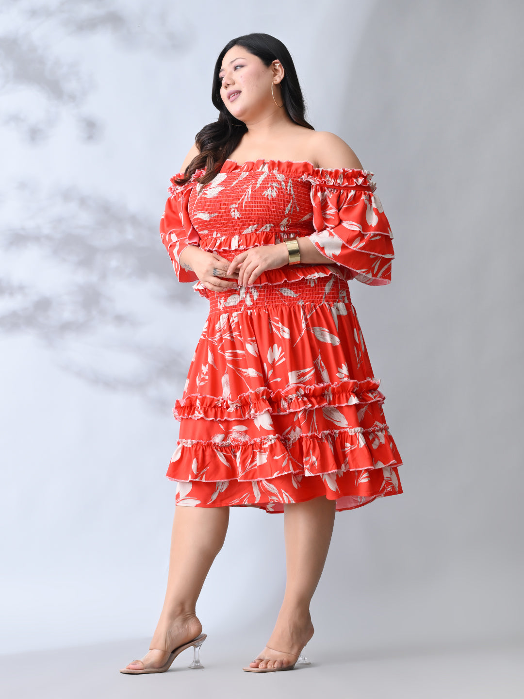Trendy Ruffle Coral Bloom Rayon Dress