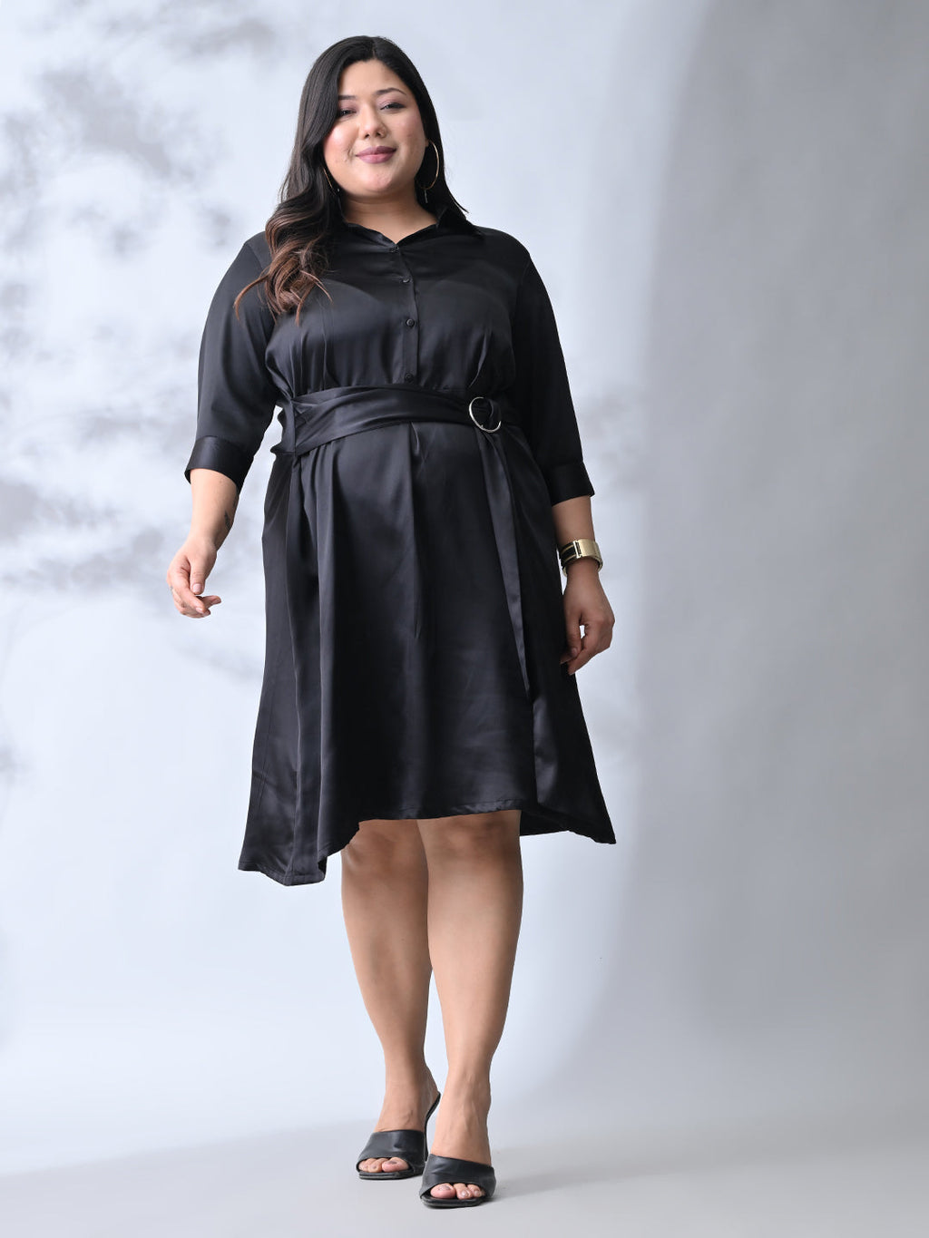 Stylish Classic Black Belted Flare Dress