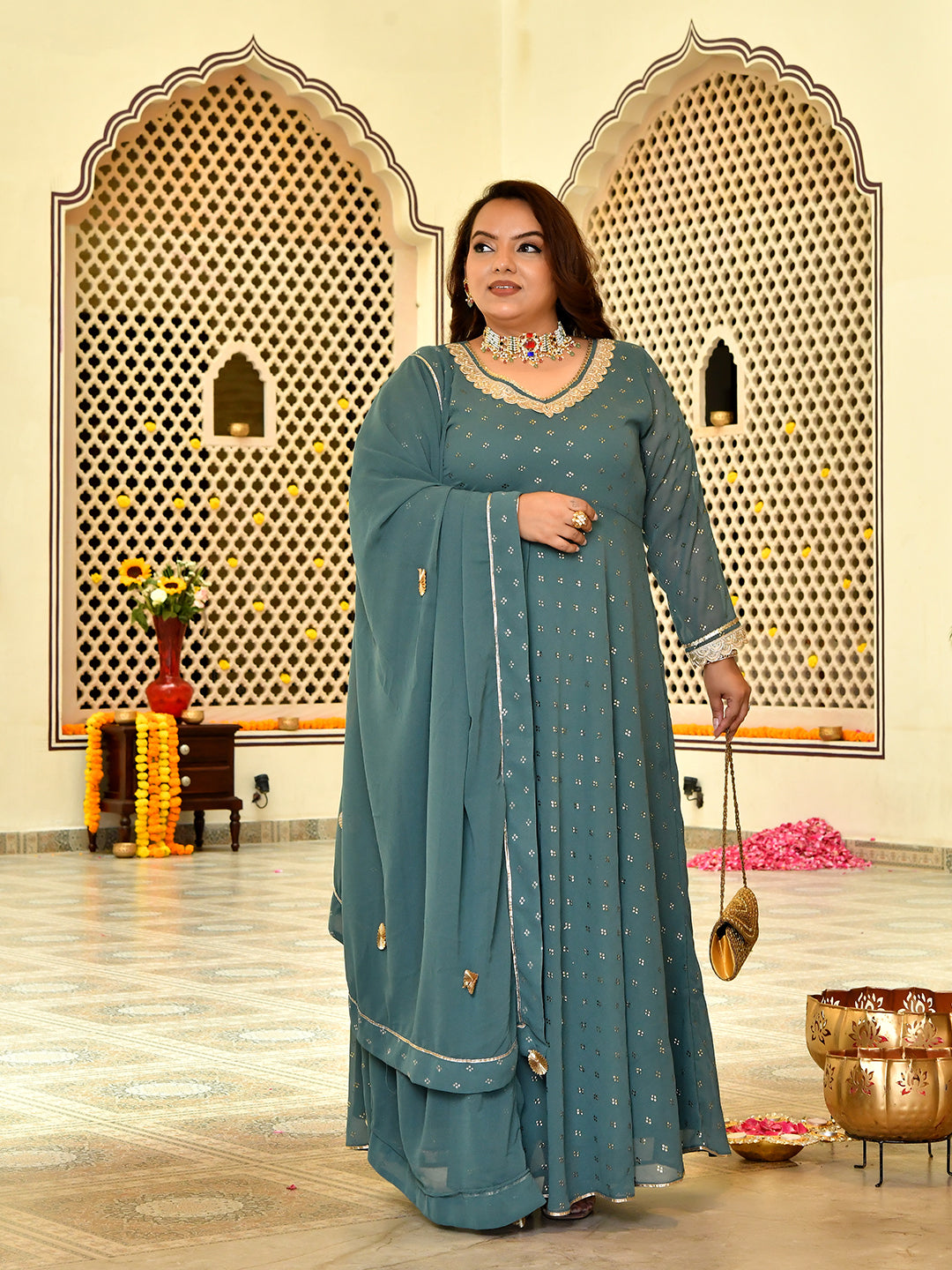 Classic Sage Green Mukaish Georgette Anarkali with Dupatta