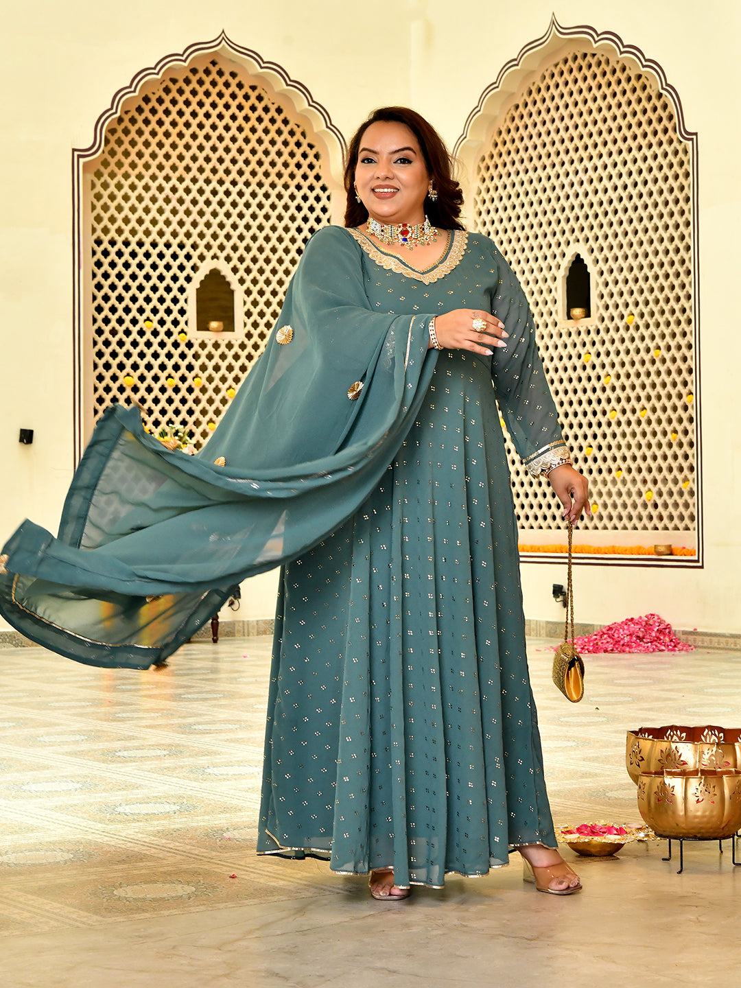 Classic Sage Green Mukaish Georgette Anarkali with Dupatta