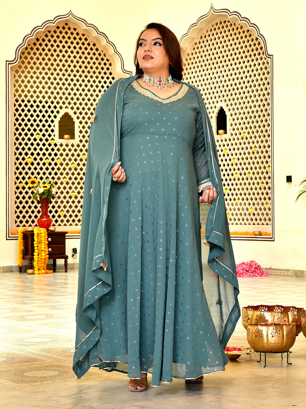 Classic Sage Green Mukaish Georgette Anarkali with Dupatta