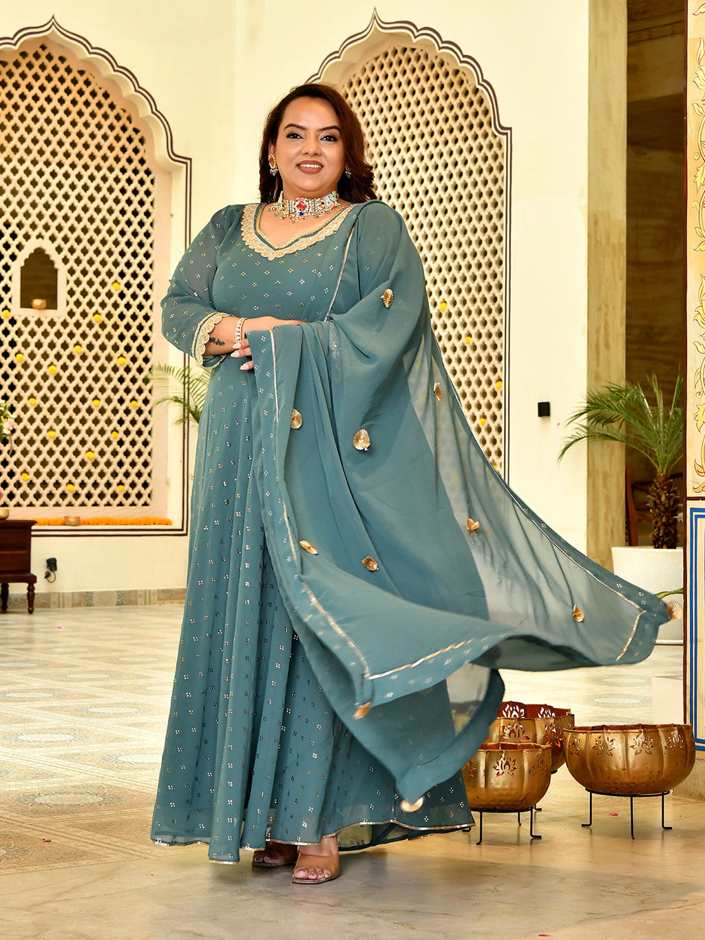 Classic Sage Green Mukaish Georgette Anarkali with Dupatta