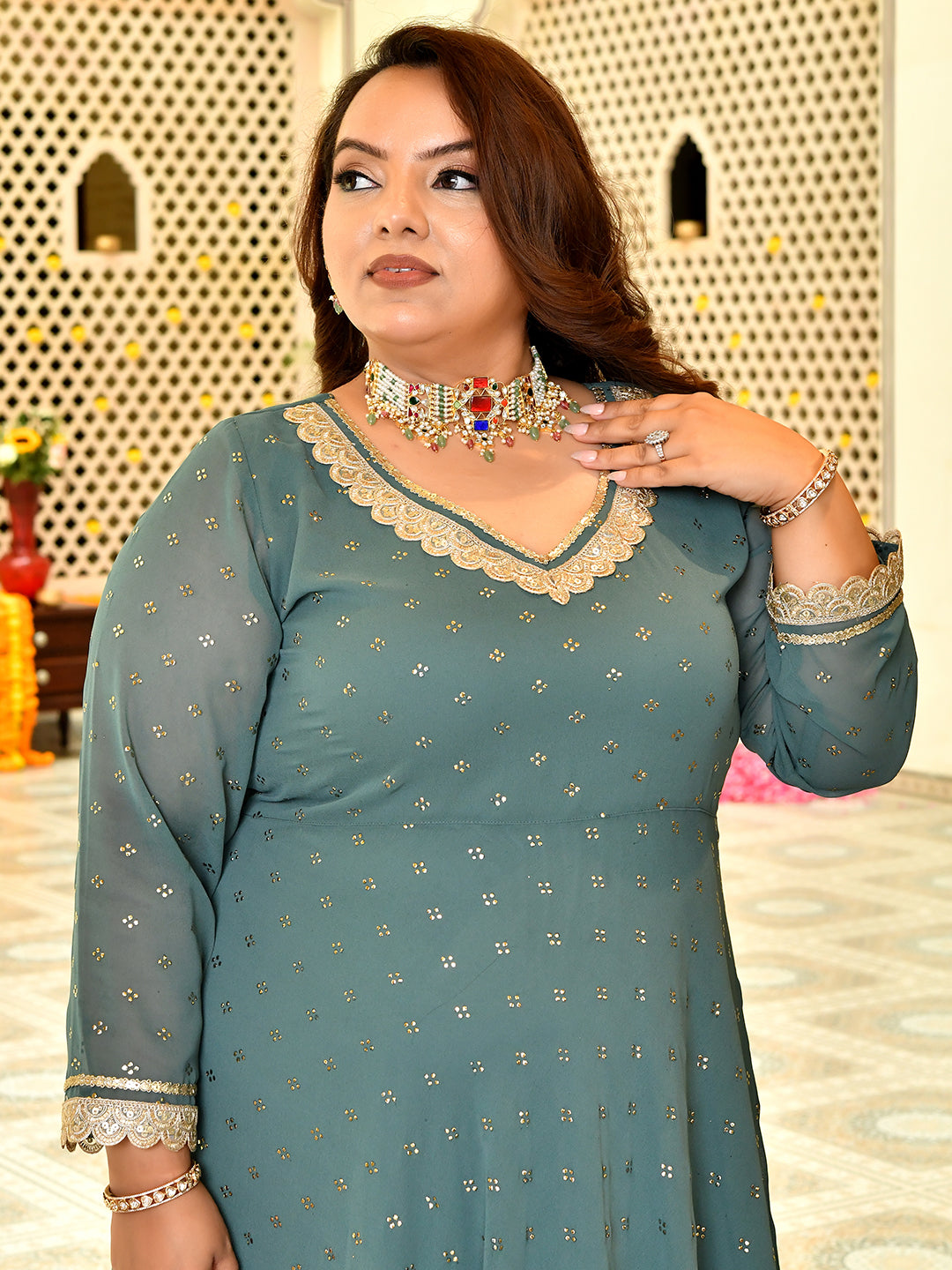 Classic Sage Green Mukaish Georgette Anarkali with Dupatta