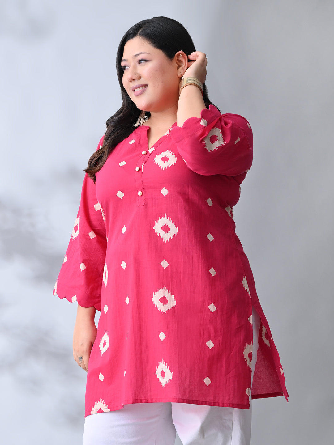 Classic Fushcia Pink Cotton Kurta with Batik Print