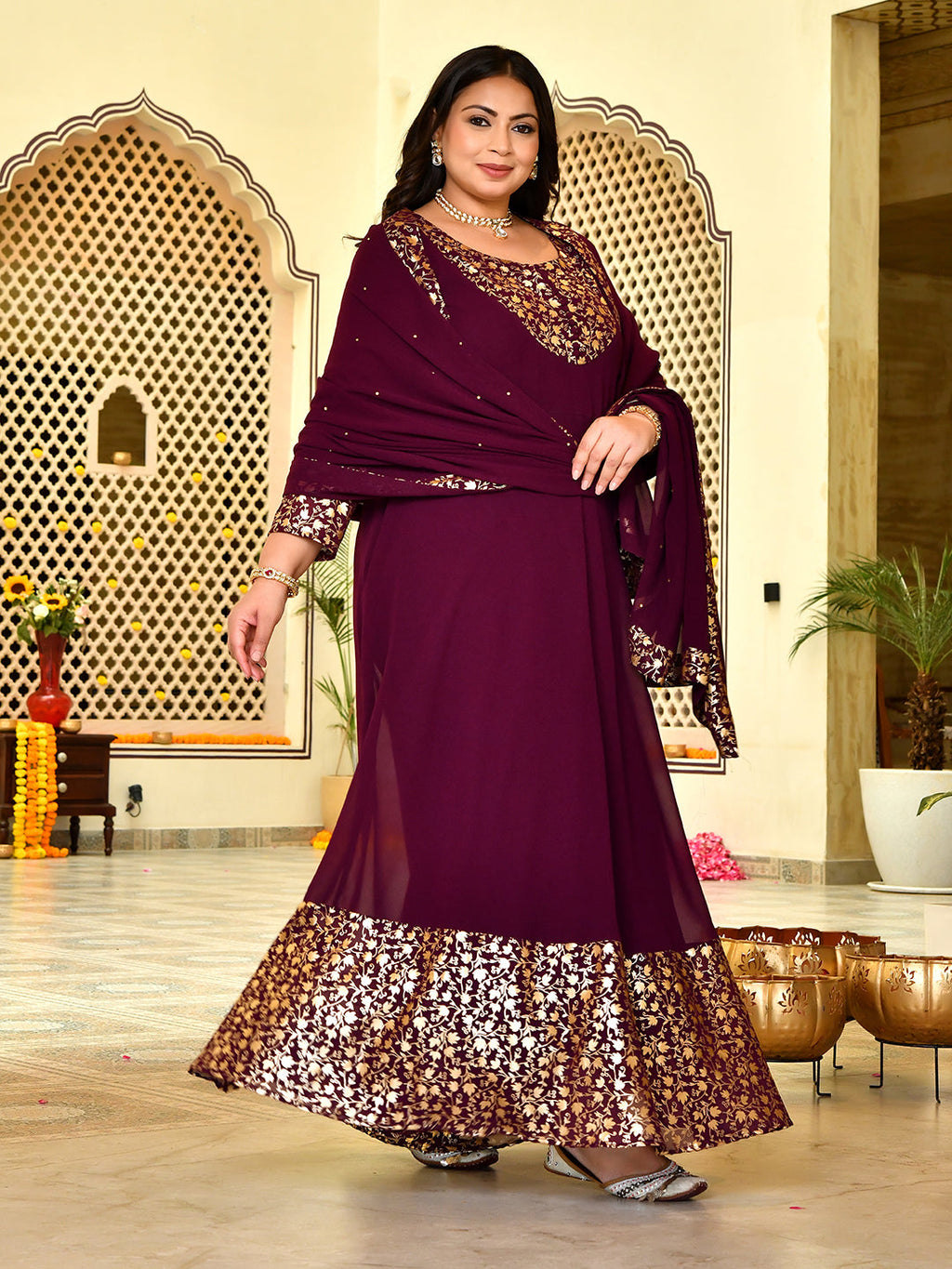 Classic Wine & Gold Georgette Anarkali with Dupatta