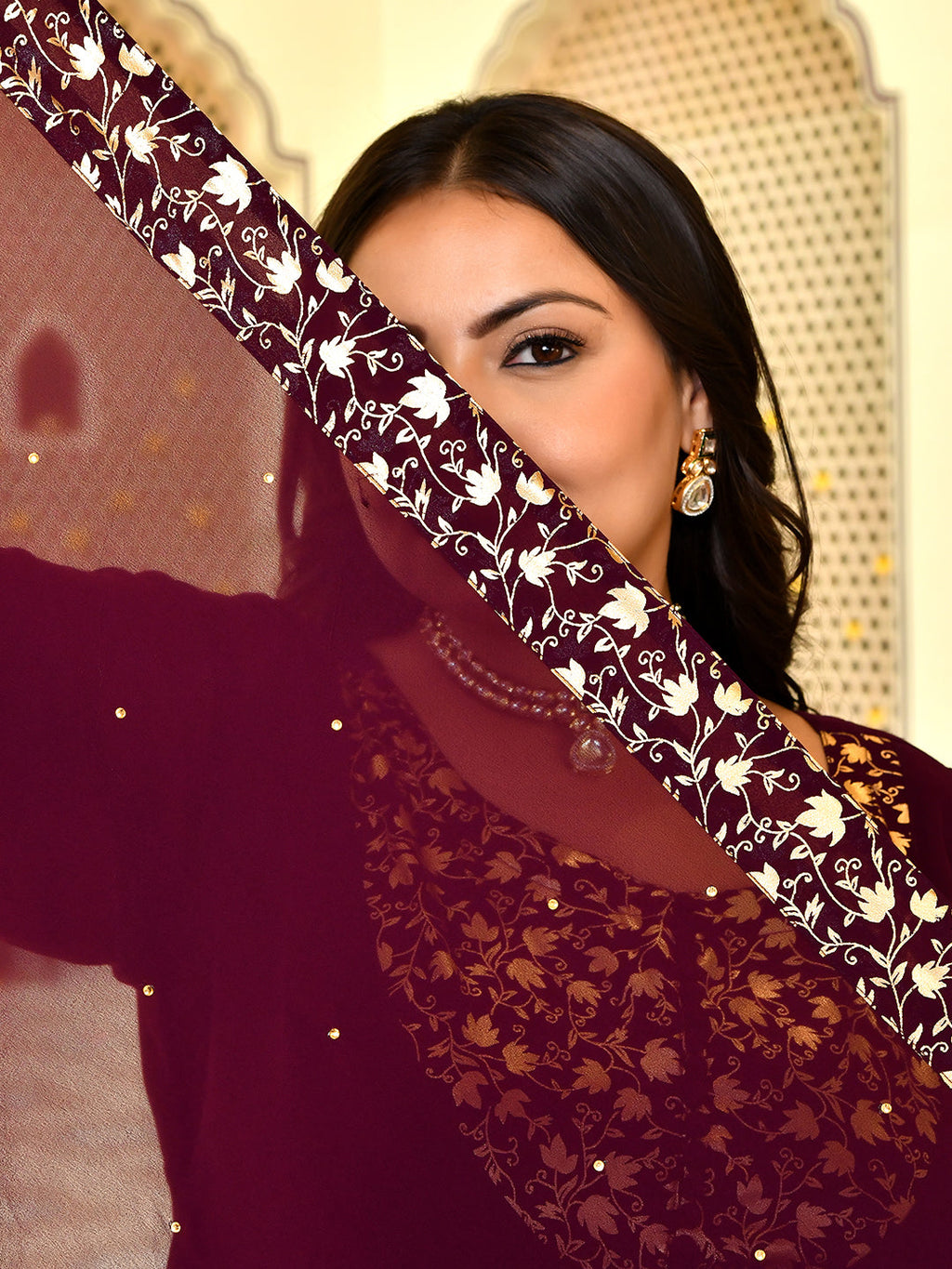 Classic Wine & Gold Georgette Anarkali with Dupatta