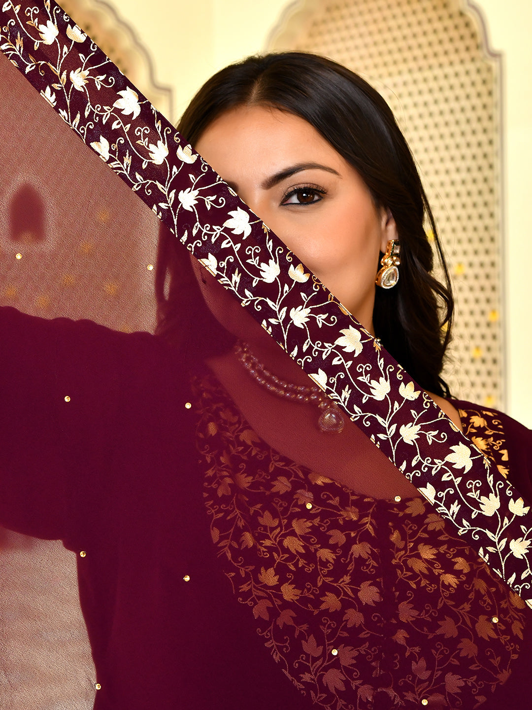 Classic Wine & Gold Georgette Anarkali with Dupatta