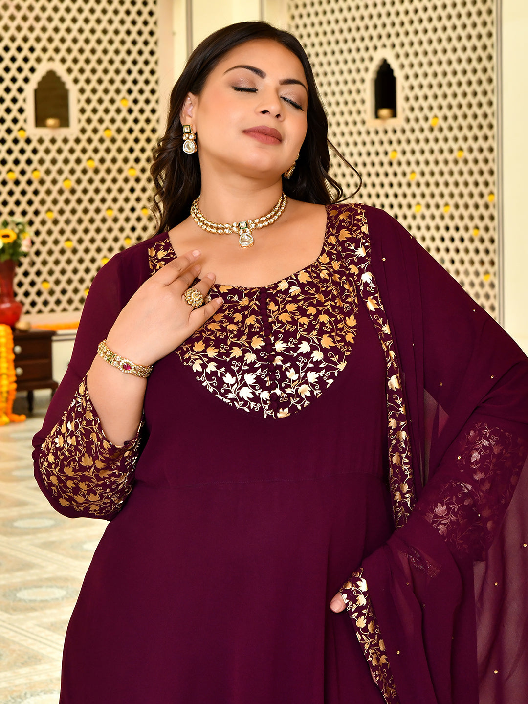 Classic Wine & Gold Georgette Anarkali with Dupatta