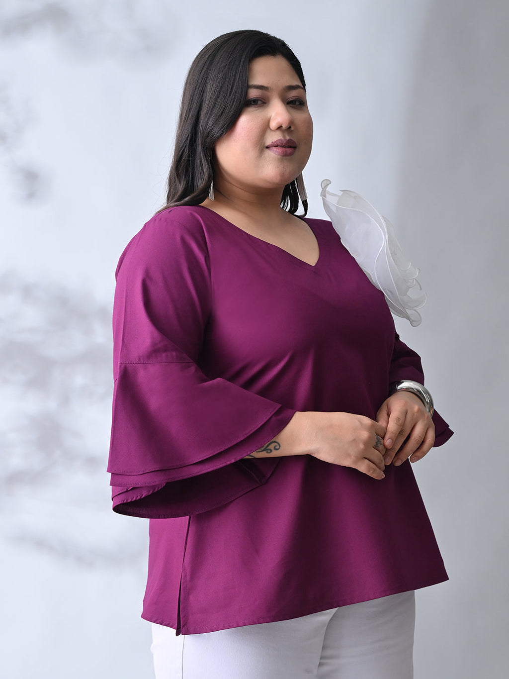 Plum Radiance Bell Sleeve Poplin Top