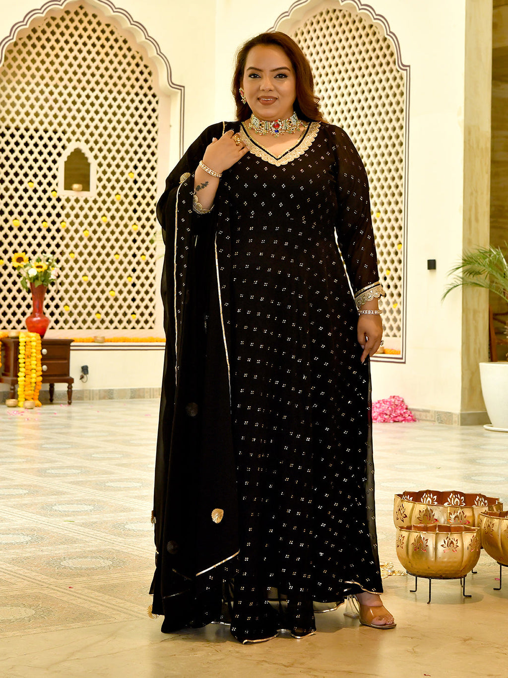 Royal Black Mukaish Georgette Anarkali with Dupatta