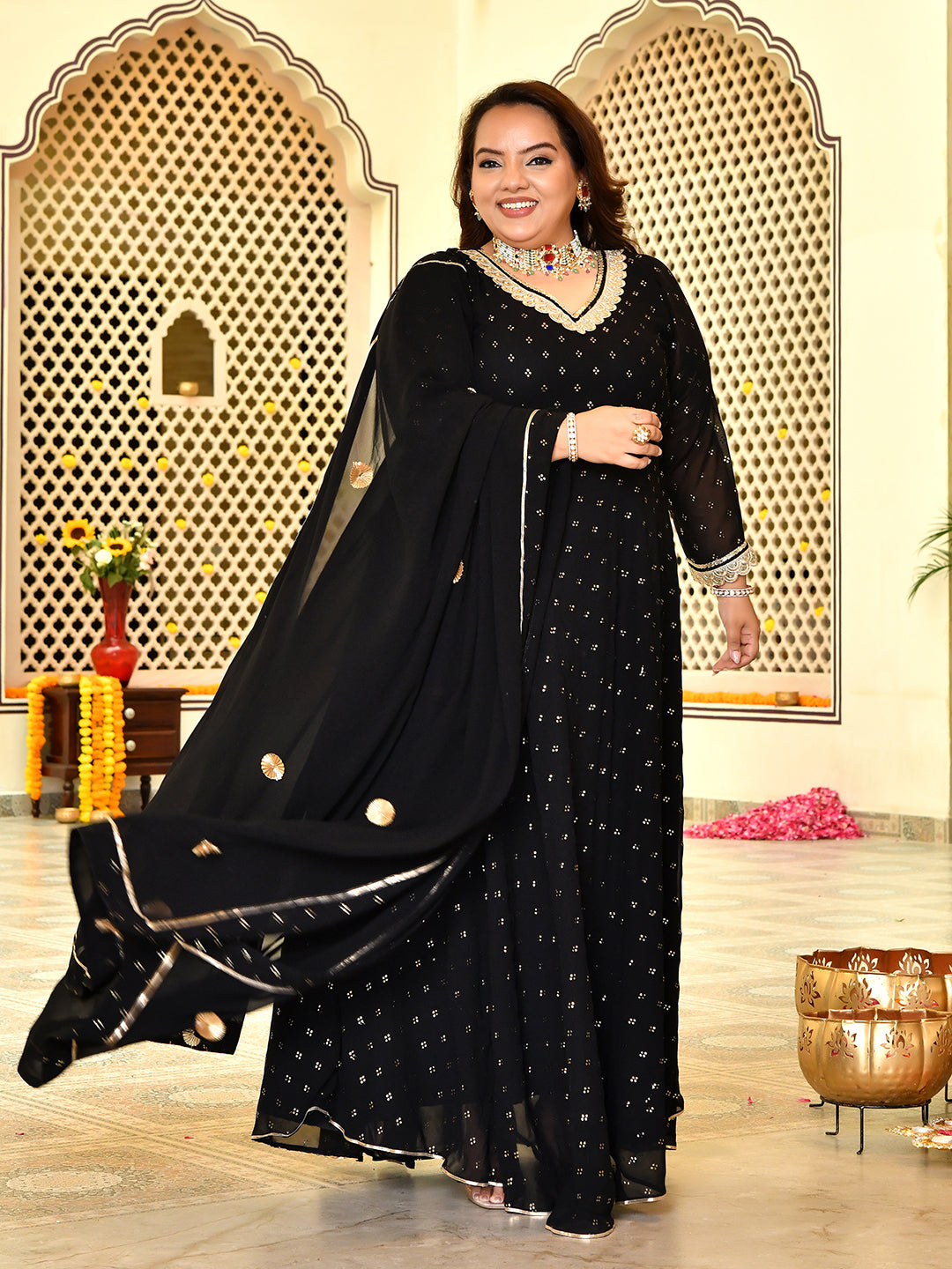 Royal Black Mukaish Georgette Anarkali with Dupatta