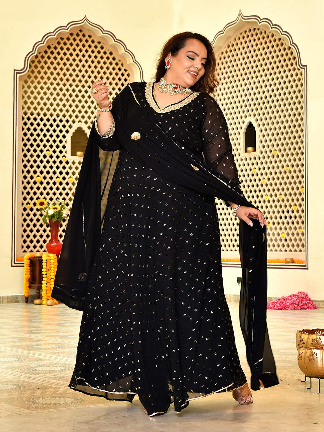 Royal Black Mukaish Georgette Anarkali with Dupatta