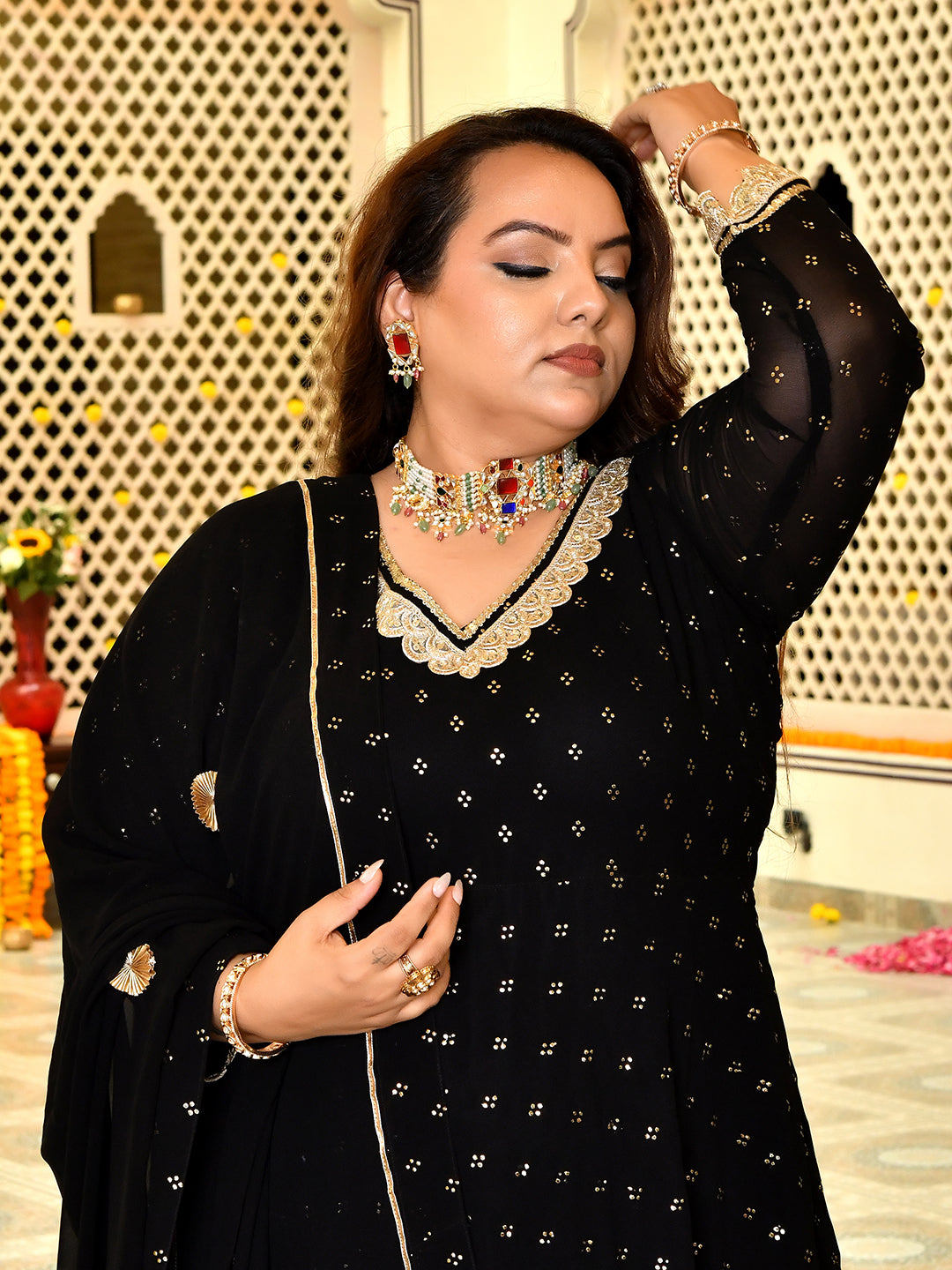 Royal Black Mukaish Georgette Anarkali with Dupatta