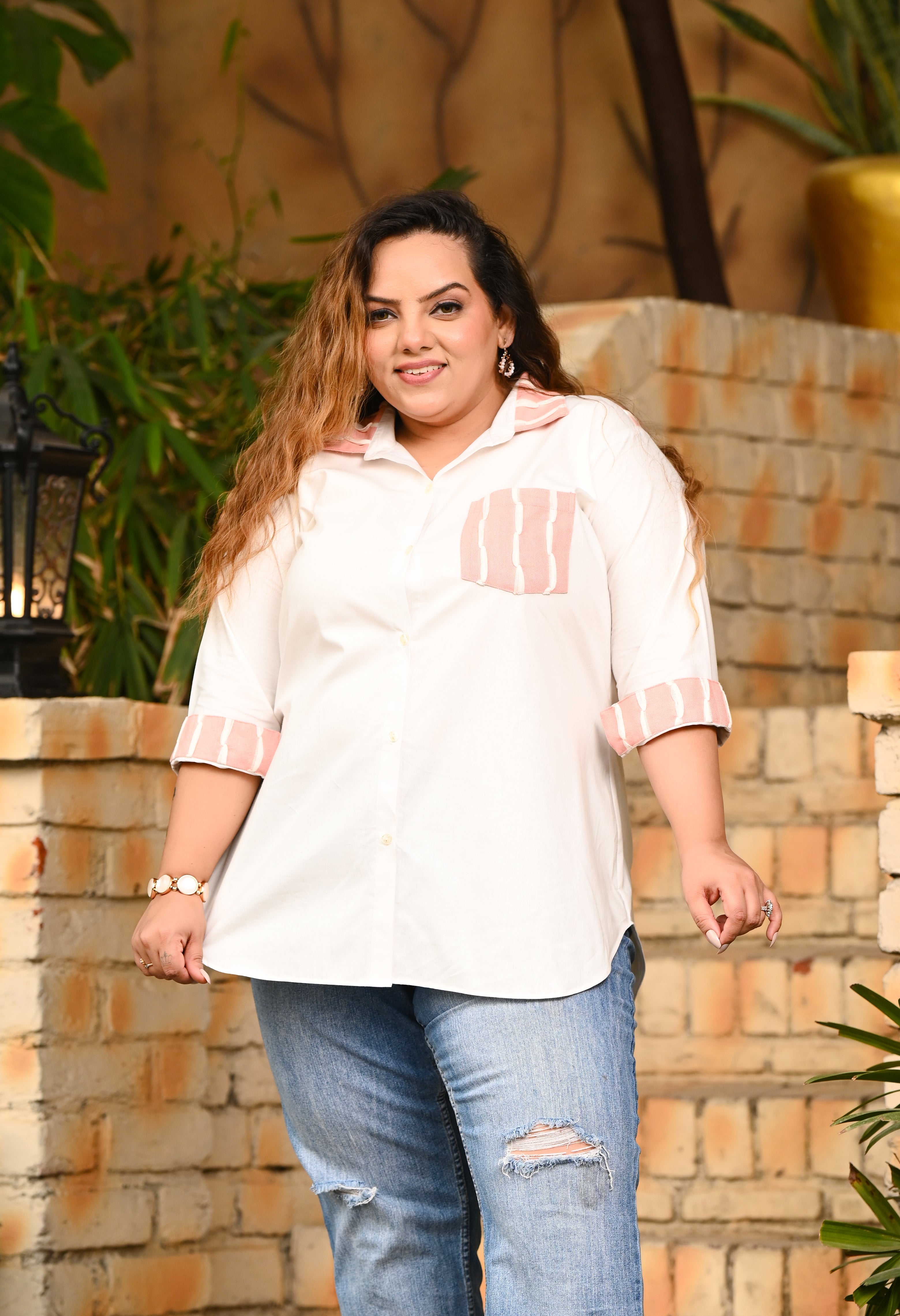 Plus Size Blush Striped Pocket Poplin White Shirt | Desinoor