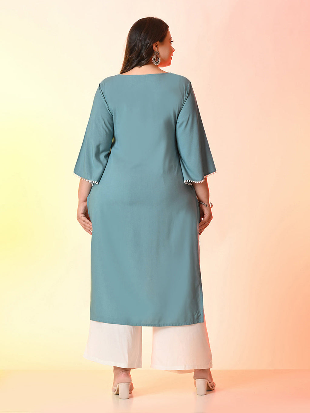 Plus Size Sea Green Anchor Embroidered Rayon Kurta | Desinoor